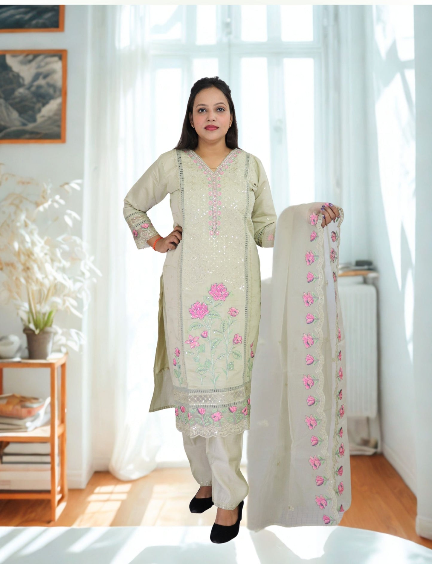 Women's Embroidered Cotton Salwar Suit Set, Light Sage Green with Pink Floral Work, 3 Piece