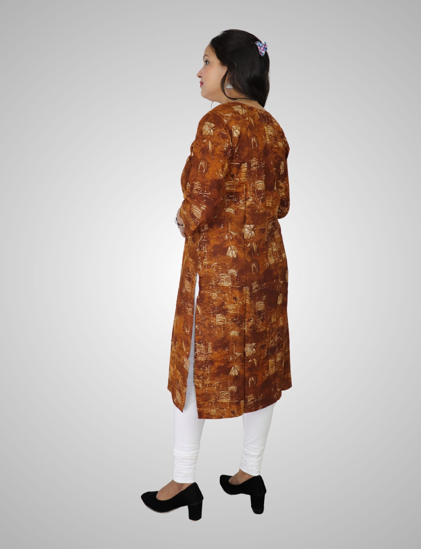 Women's Brown Floral Print Cotton Kurti, 3/4 Sleeve, Button Front, Casual Wear