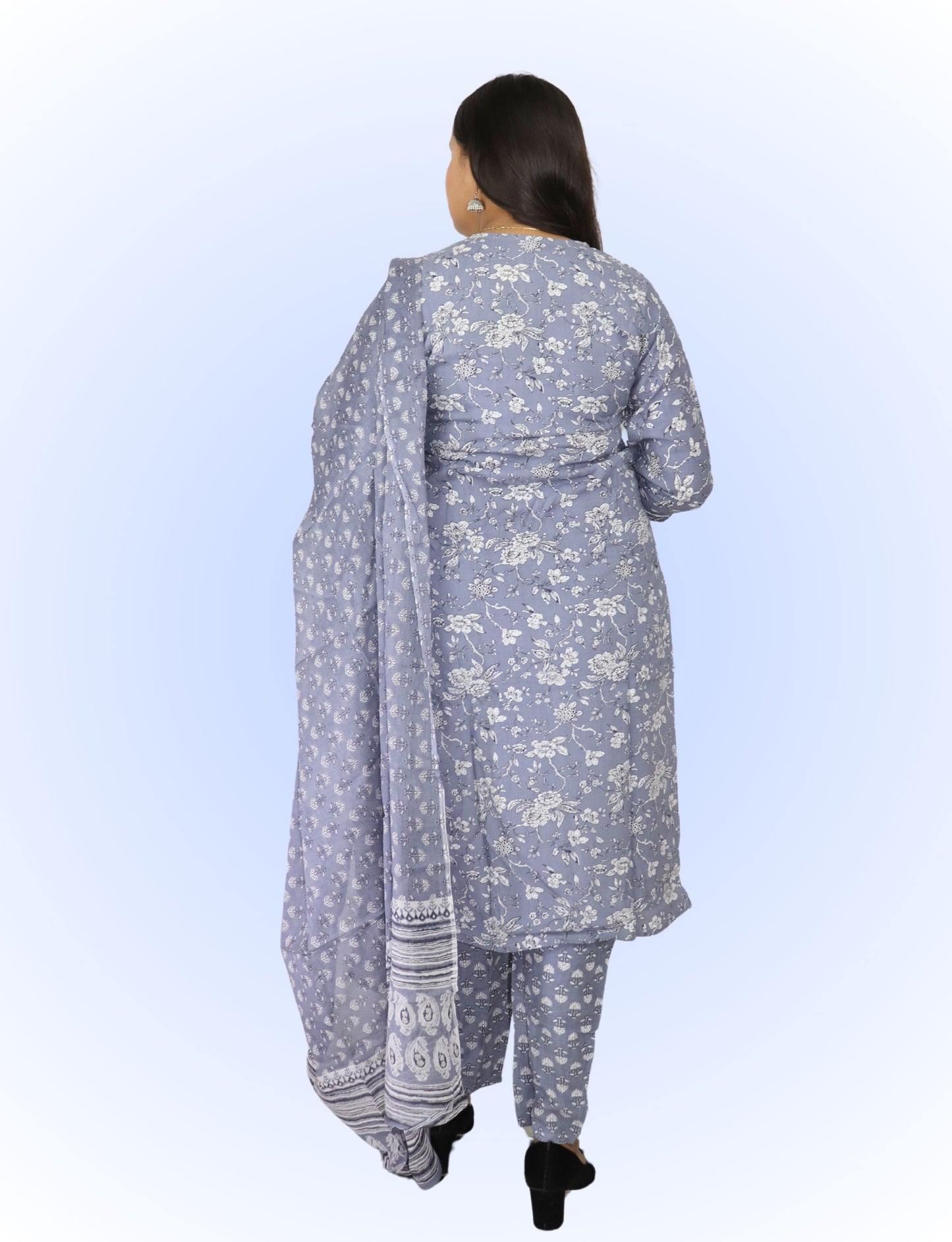Women's Floral Print Cotton Salwar Suit Set, Grey and White, with Dupatta