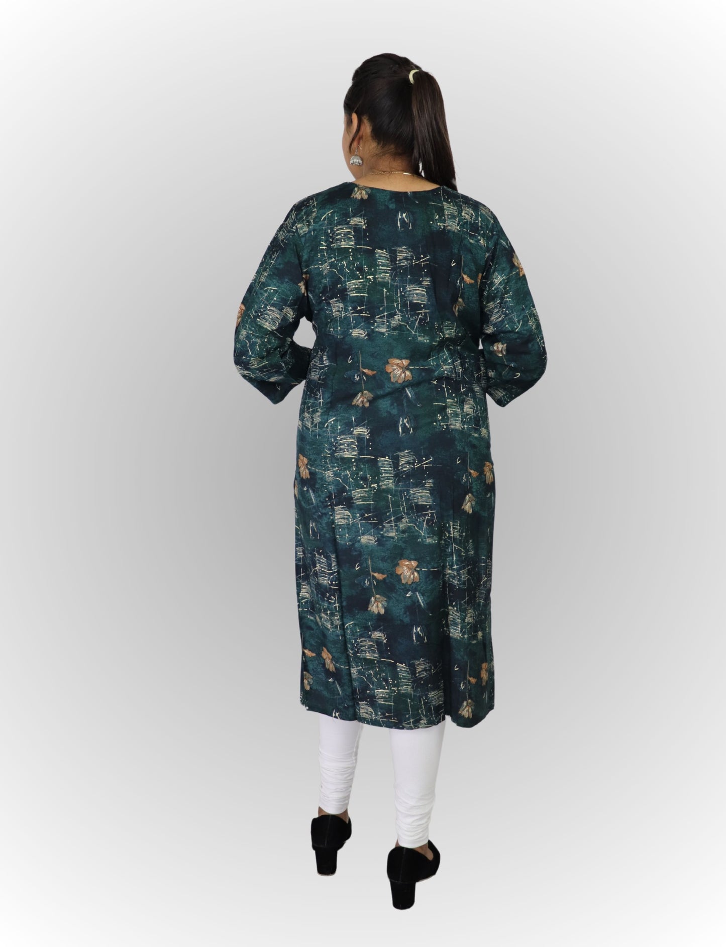 Floral Print Cotton Kurti, Dark Green, 3/4 Sleeve, Button Front, Casual Wear