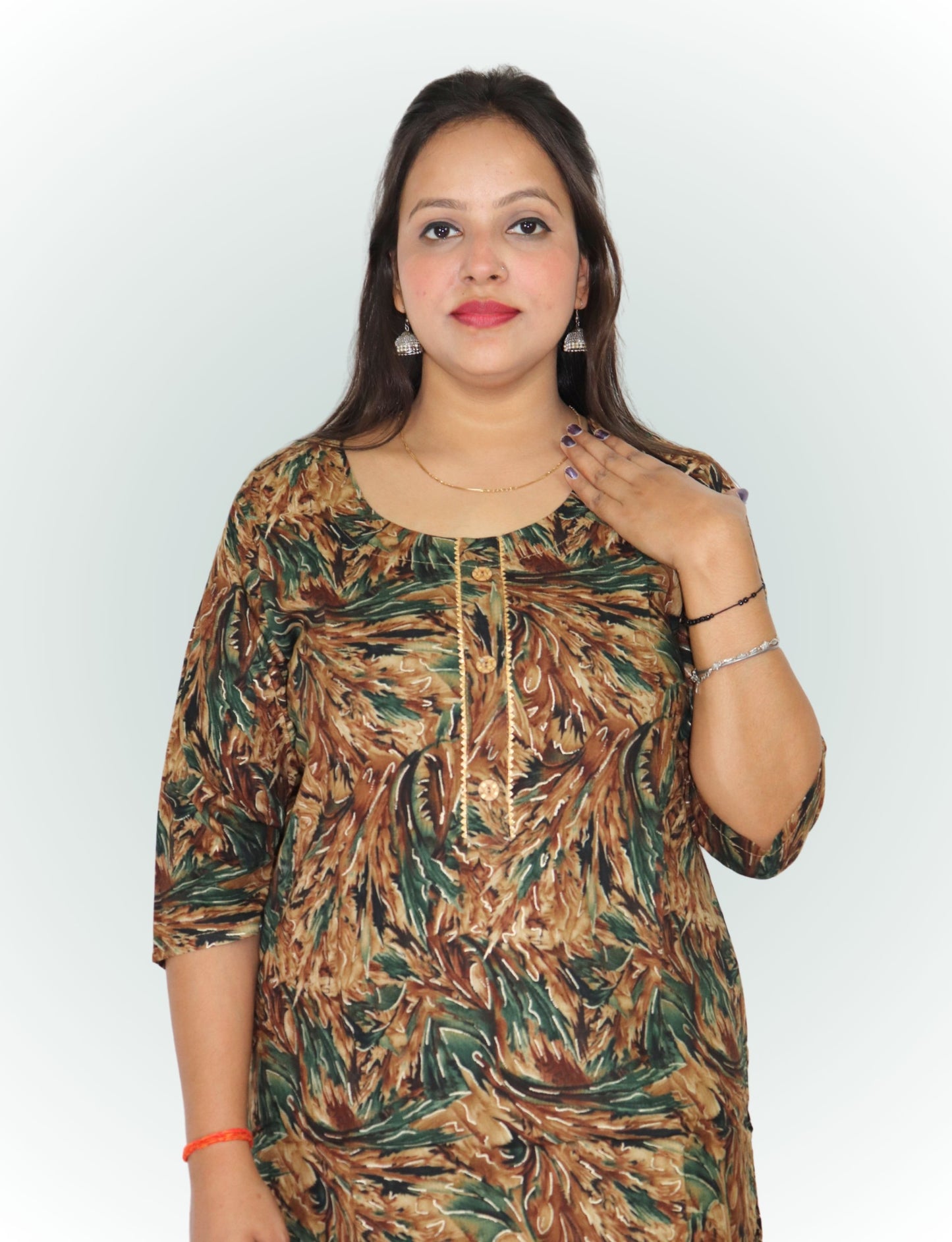 Women's Printed Cotton Kurti, 3/4 Sleeve, Brown and Green Leaf Pattern, Casual Wear
