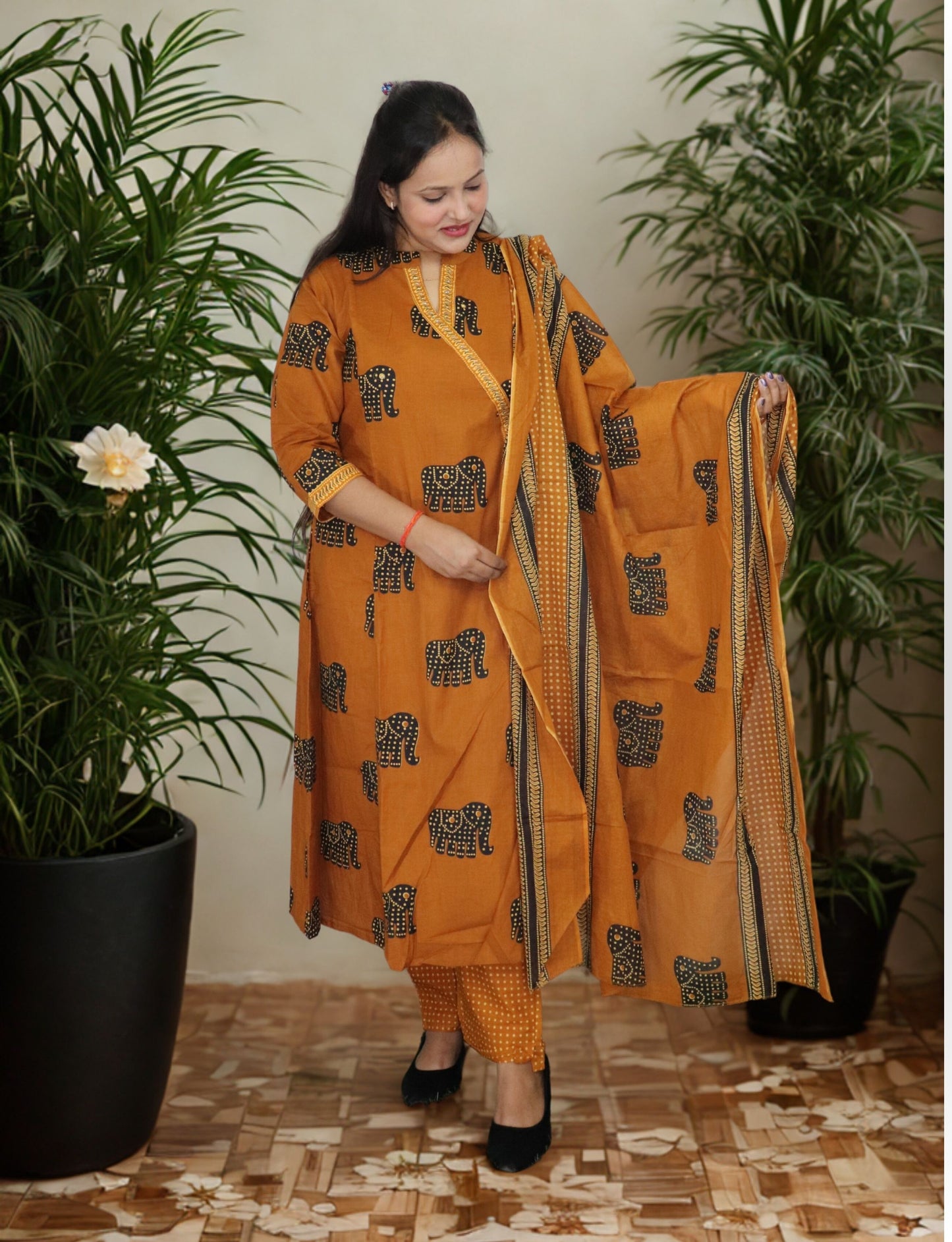 Traditional Elephant Print Angrakha Kurta Set with Pants, Cotton, 3/4 Sleeve