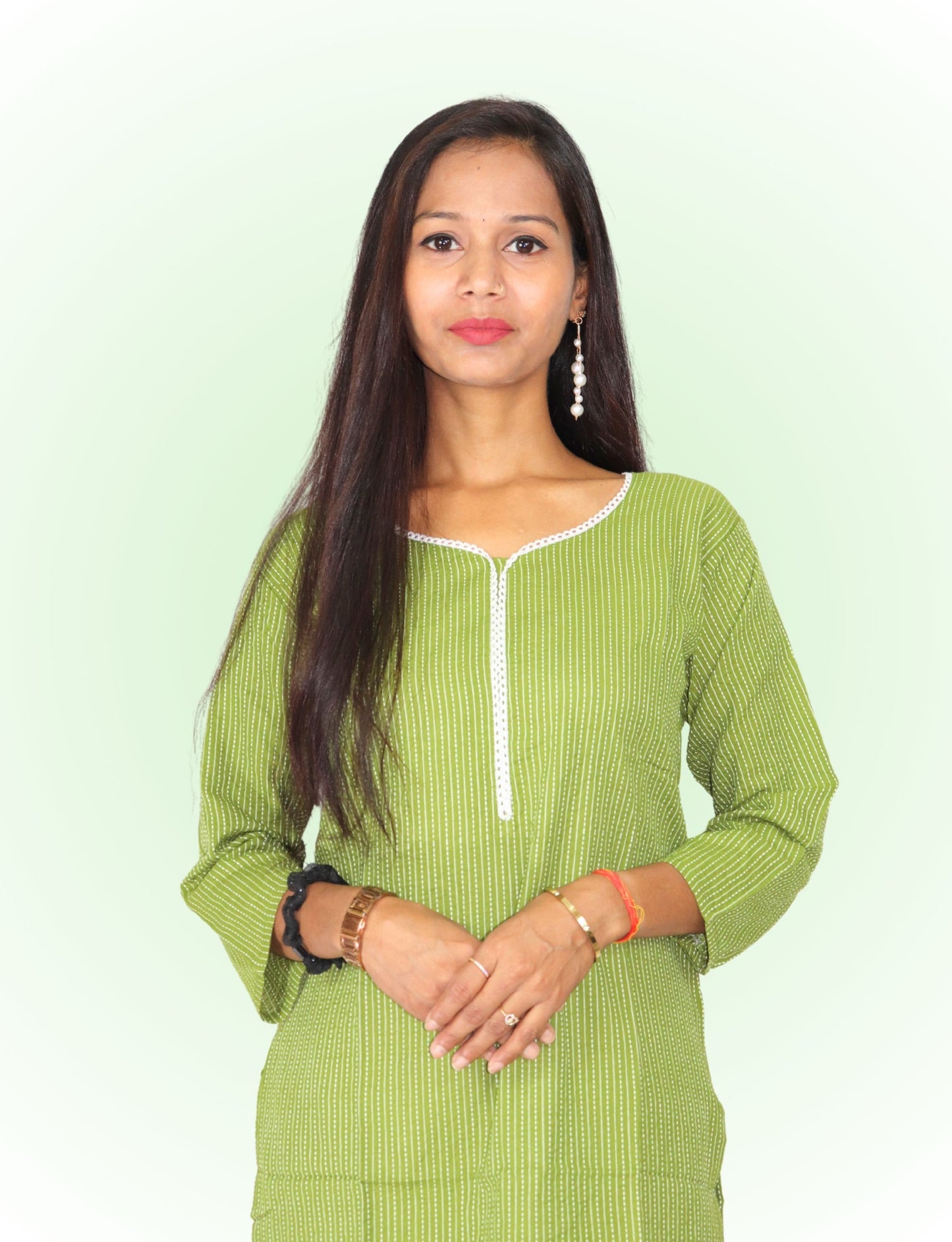 Vedickulture Women's Cotton Kurta with White Trim, Long Sleeve, Green Striped Pattern