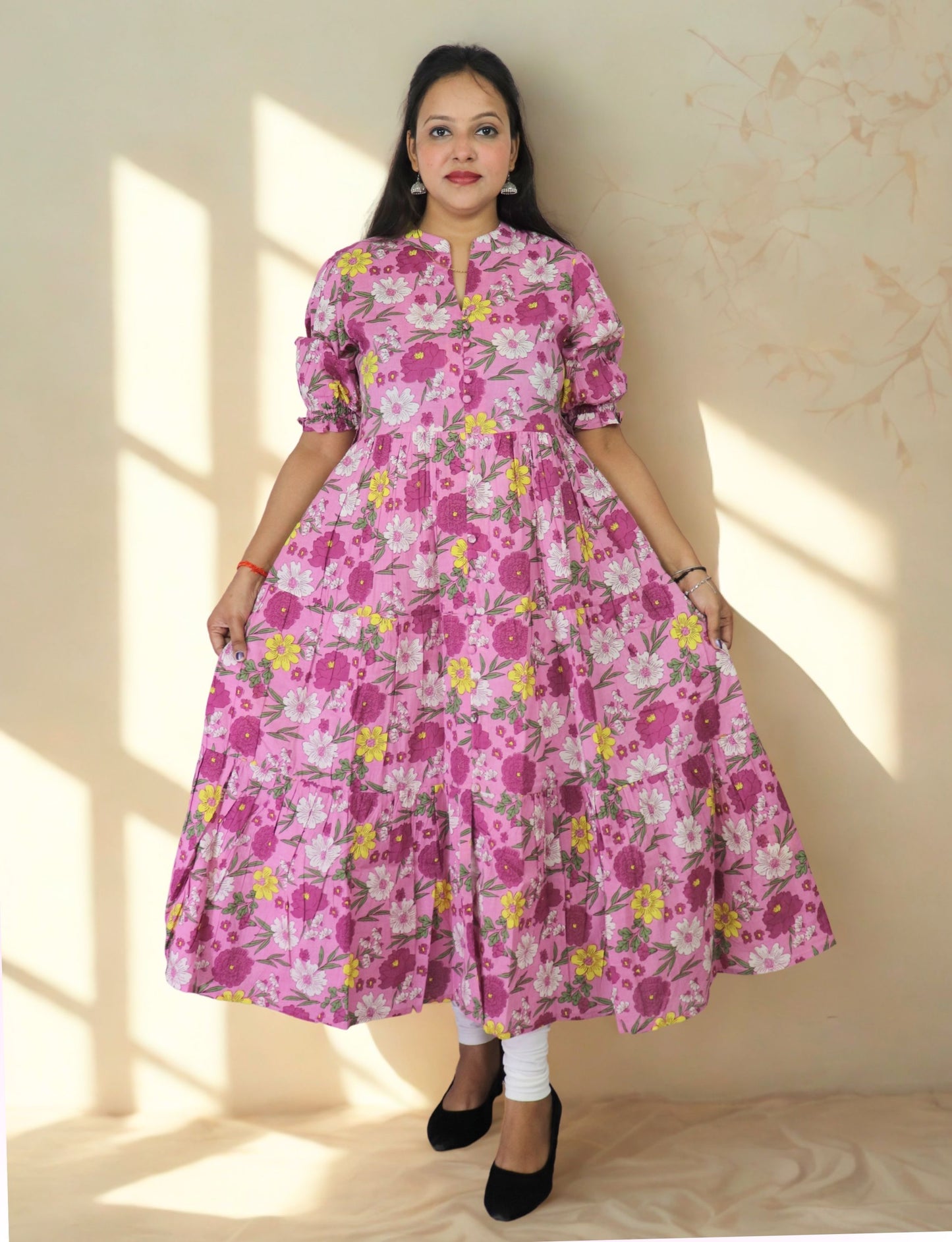 Floral Anarkali Kurti with Puff Sleeves, Pink Floral Print, Mandarin Collar, Tiered Design