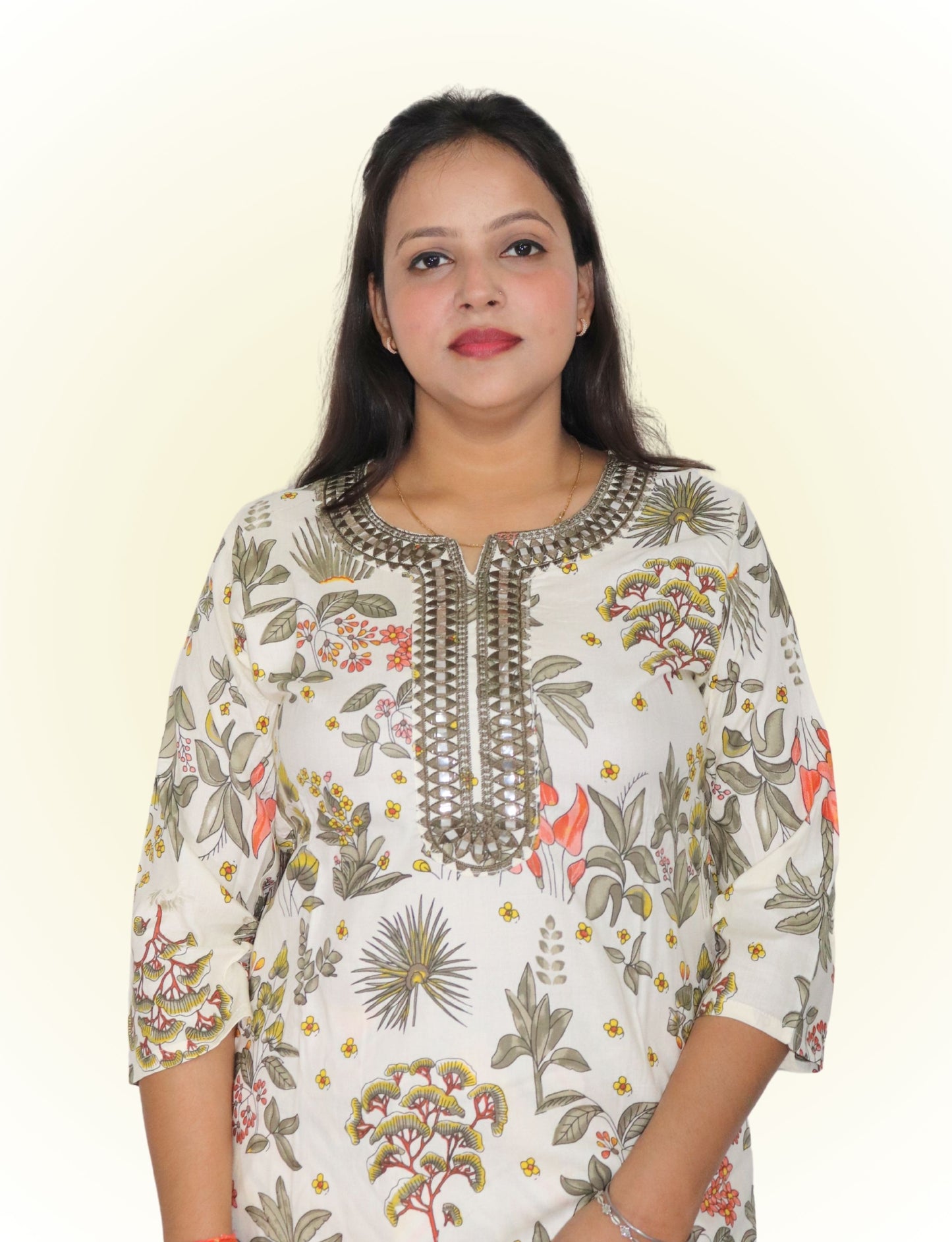 Women's Floral Print Cotton Salwar Suit Set with Embellished Neckline, 3/4 Sleeves, Chevron Dupatta, White and Multicolor
