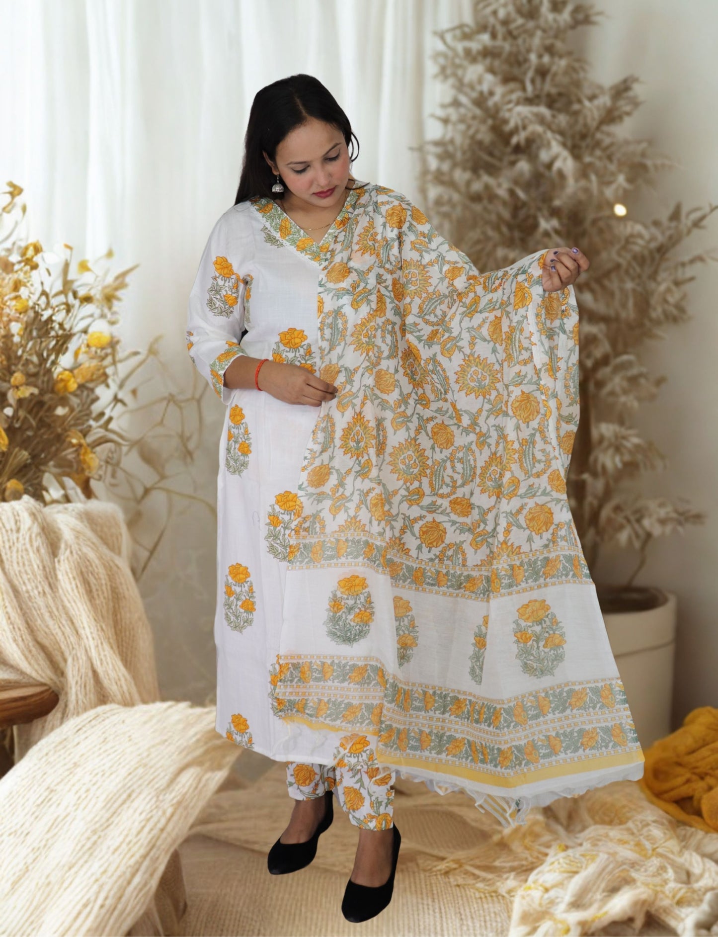 Women's White Cotton Kurta Set with Yellow Floral Print, Traditional Dupatta