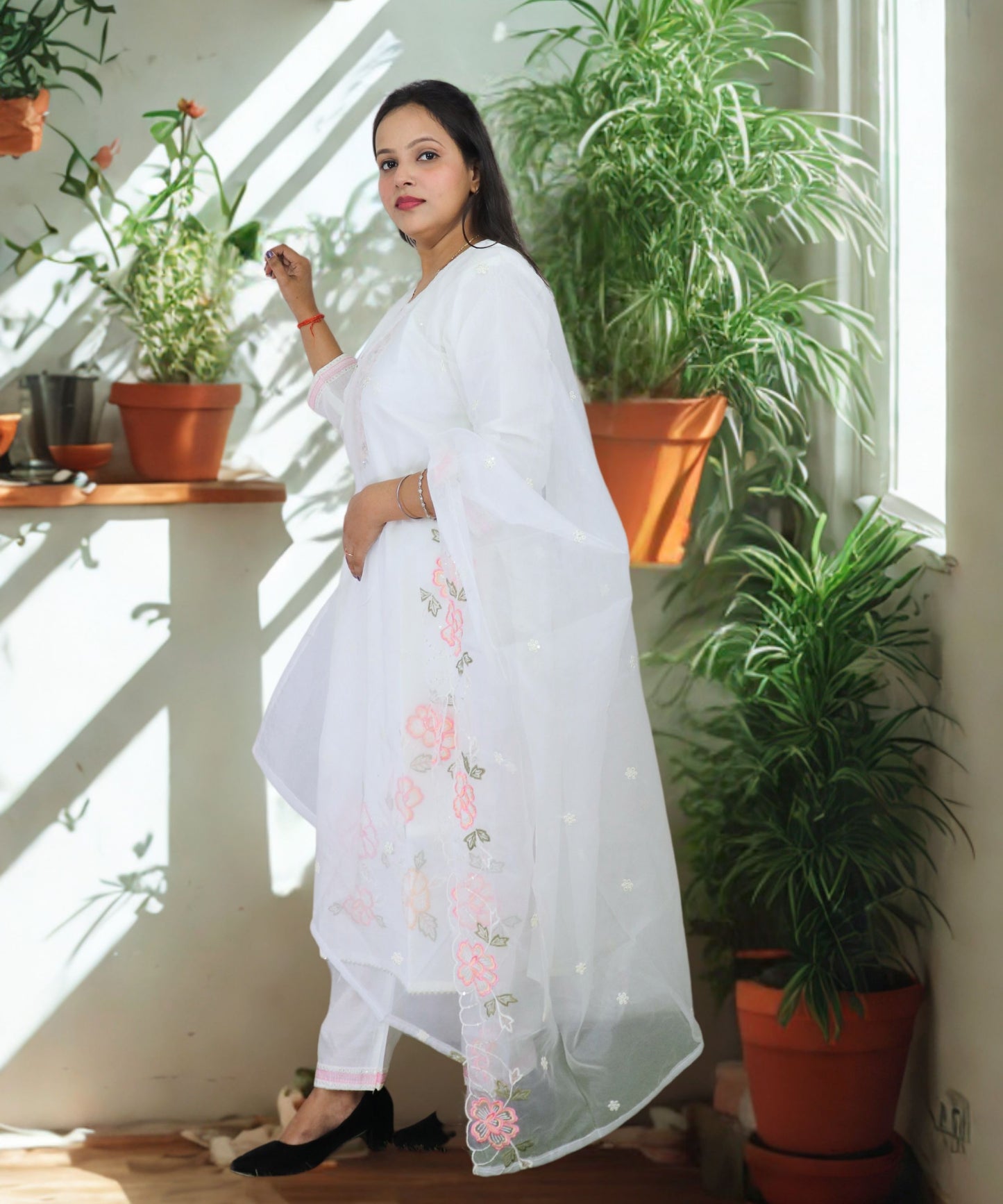 Women's White Cotton Salwar Suit Set with Pink Floral Embroidery, Traditional Indian Kurta with Dupatta