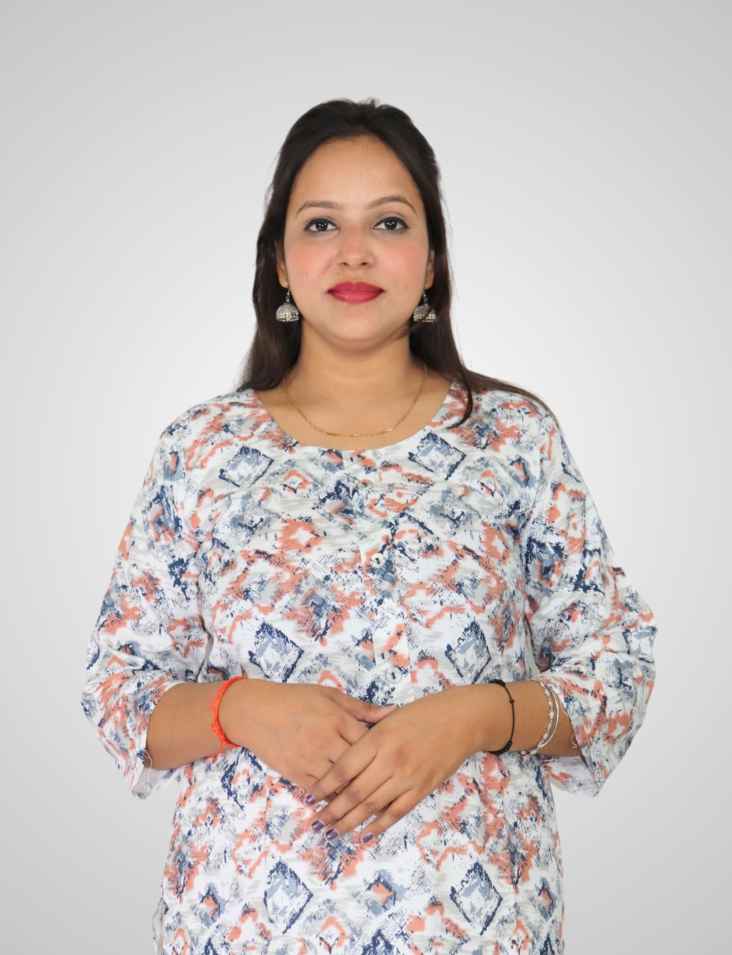 Women's Cotton Kurti with Geometric Print, 3/4 Sleeve, Casual Wear