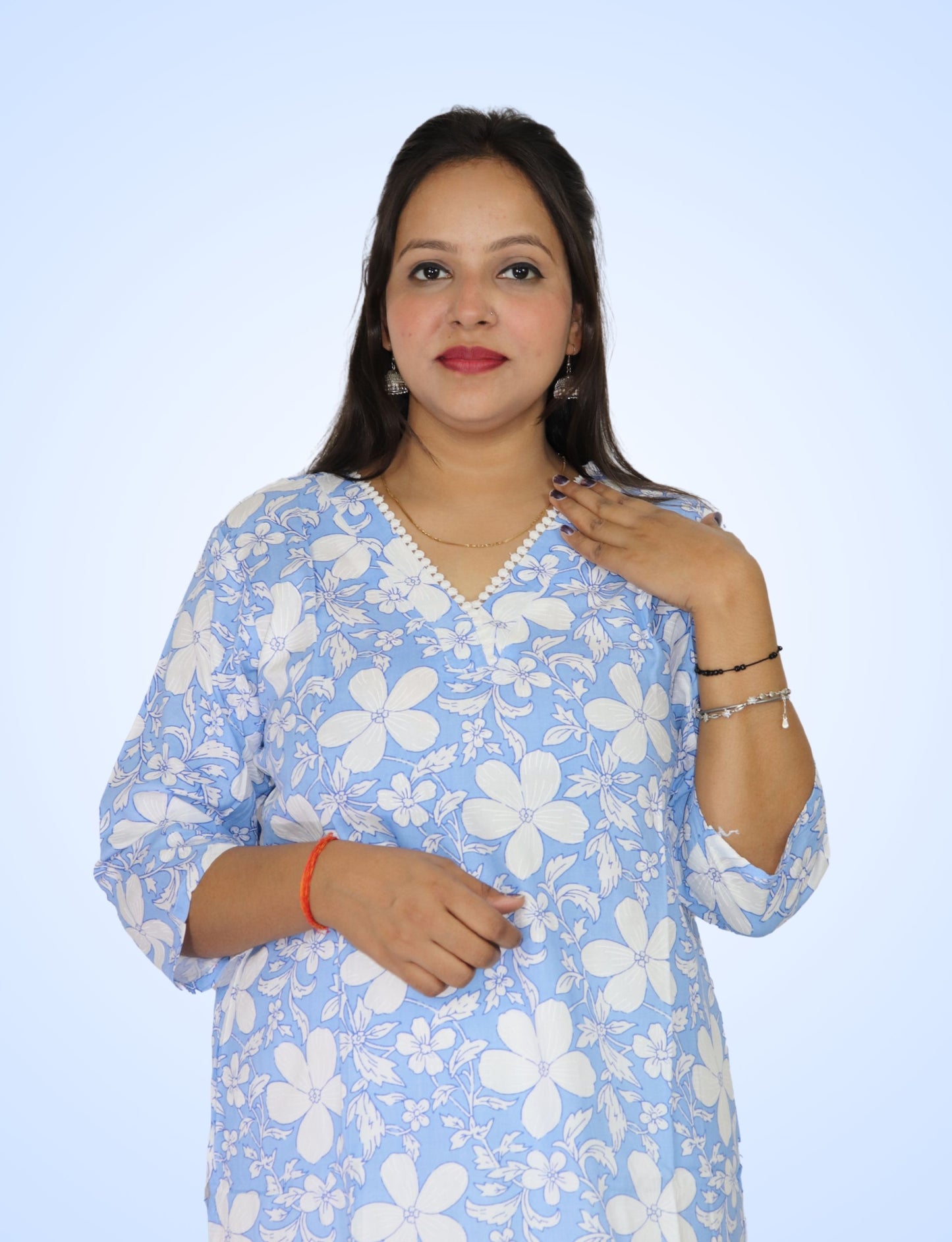 Floral Print Cotton Kurti with V-Neck, 3/4 Sleeves, Light Blue and White