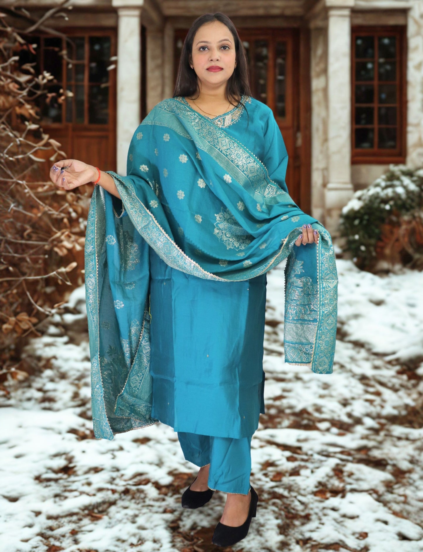 Traditional Turquoise Cotton blend with silk Salwar Suit with Embroidered Dupatta, Full Length