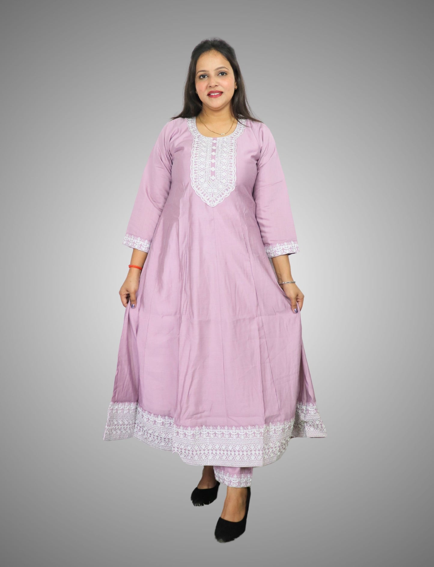 Traditional Embroidered Cotton Anarkali Suit Set, Lilac Purple with White Thread Work, 3 Piece
