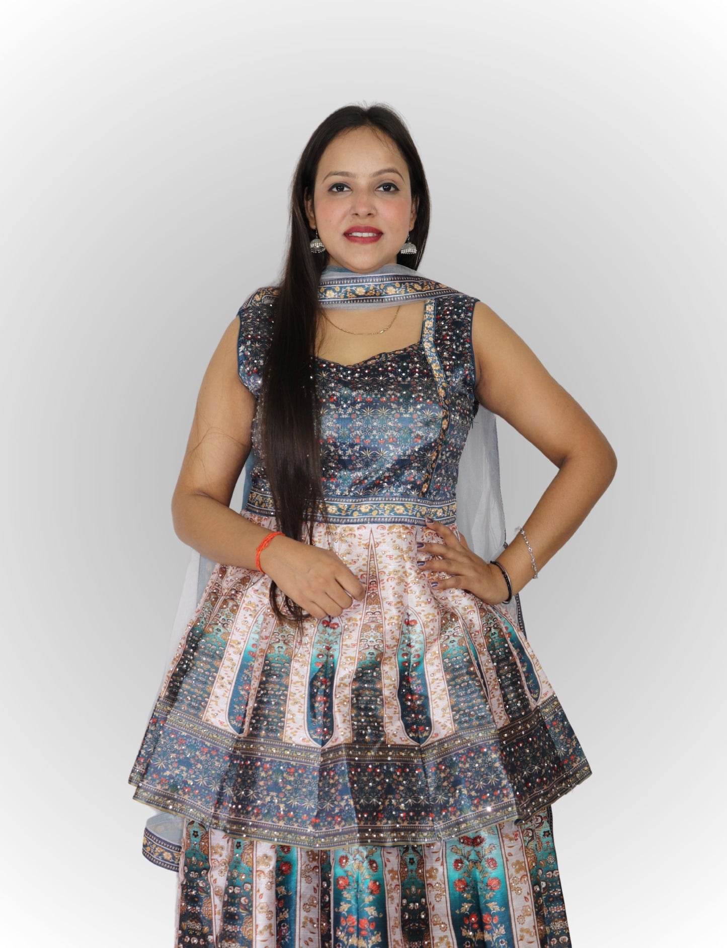 Lehenga Choli Set with Floral Print, Blue and White Embroidered, Net Dupatta