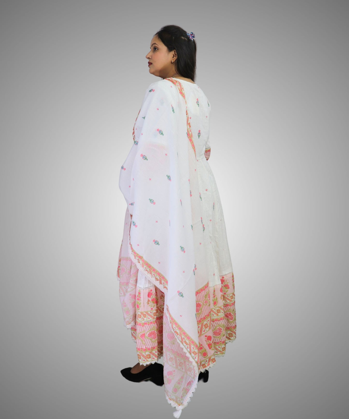 Vedickulture White Cotton Anarkali Suit with Floral Embroidery for Women, Evening wear, 3/4 Sleeves, Dupatta and Pants Set