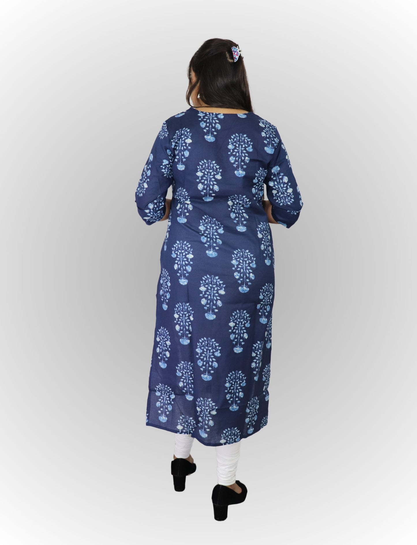 Vedickulture Women's Floral Print Cotton Kurti, Navy Blue with Light Blue Pattern, 3/4 Sleeves, Button Front Search this page