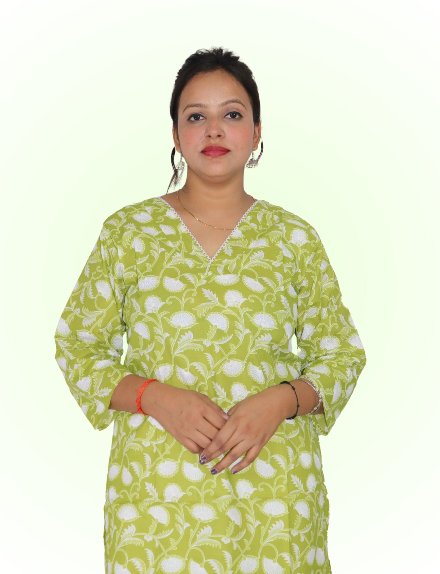 Vedickulture Floral Print Cotton Kurti, V-Neck, Long Sleeve, Lime Green and White, Casual Wear