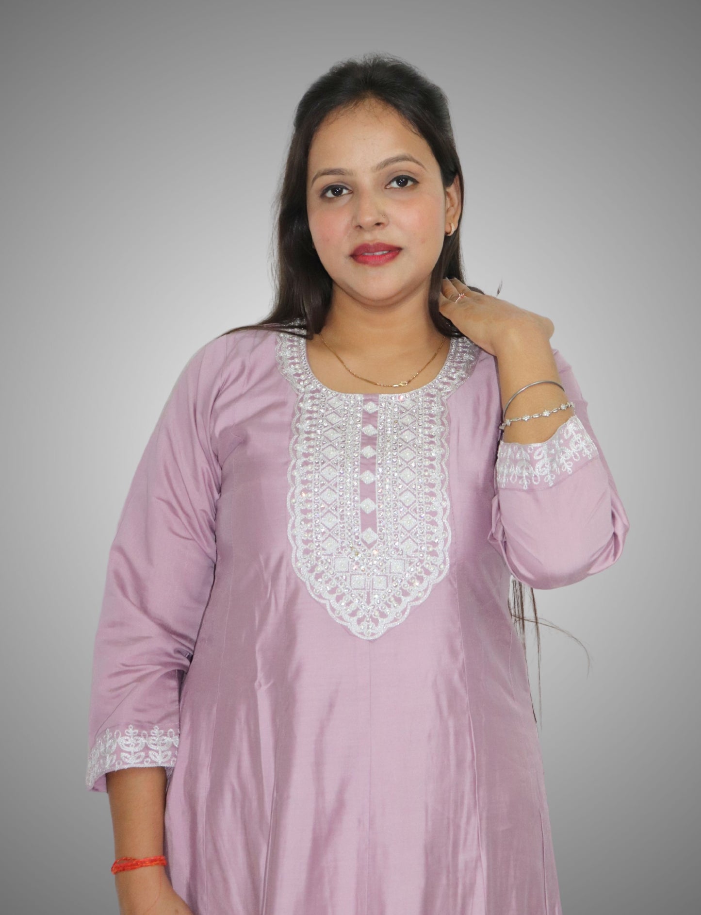 Traditional Embroidered Cotton Anarkali Suit Set, Lilac Purple with White Thread Work, 3 Piece