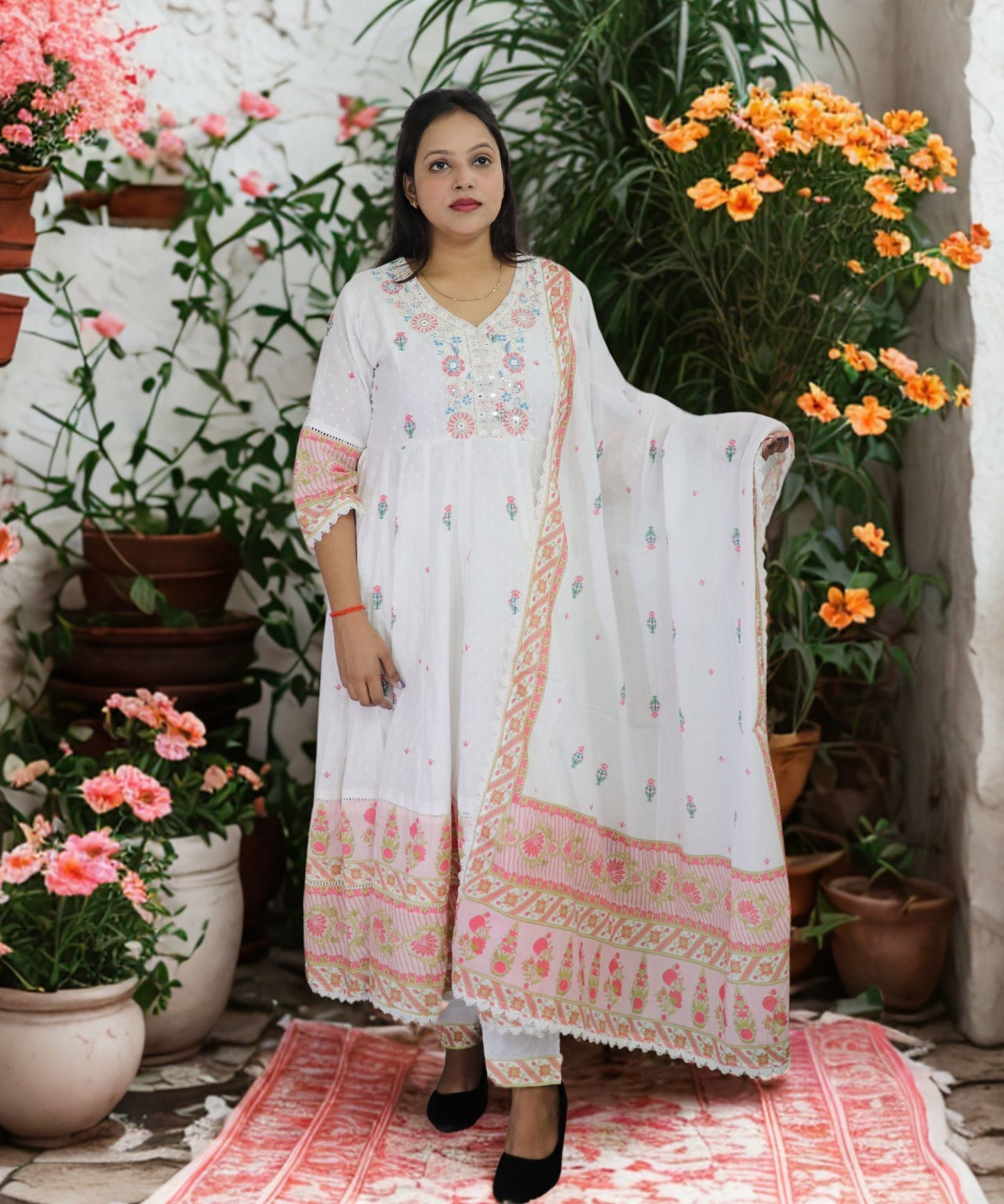 Vedickulture White Cotton Anarkali Suit with Floral Embroidery for Women, Evening wear, 3/4 Sleeves, Dupatta and Pants Set