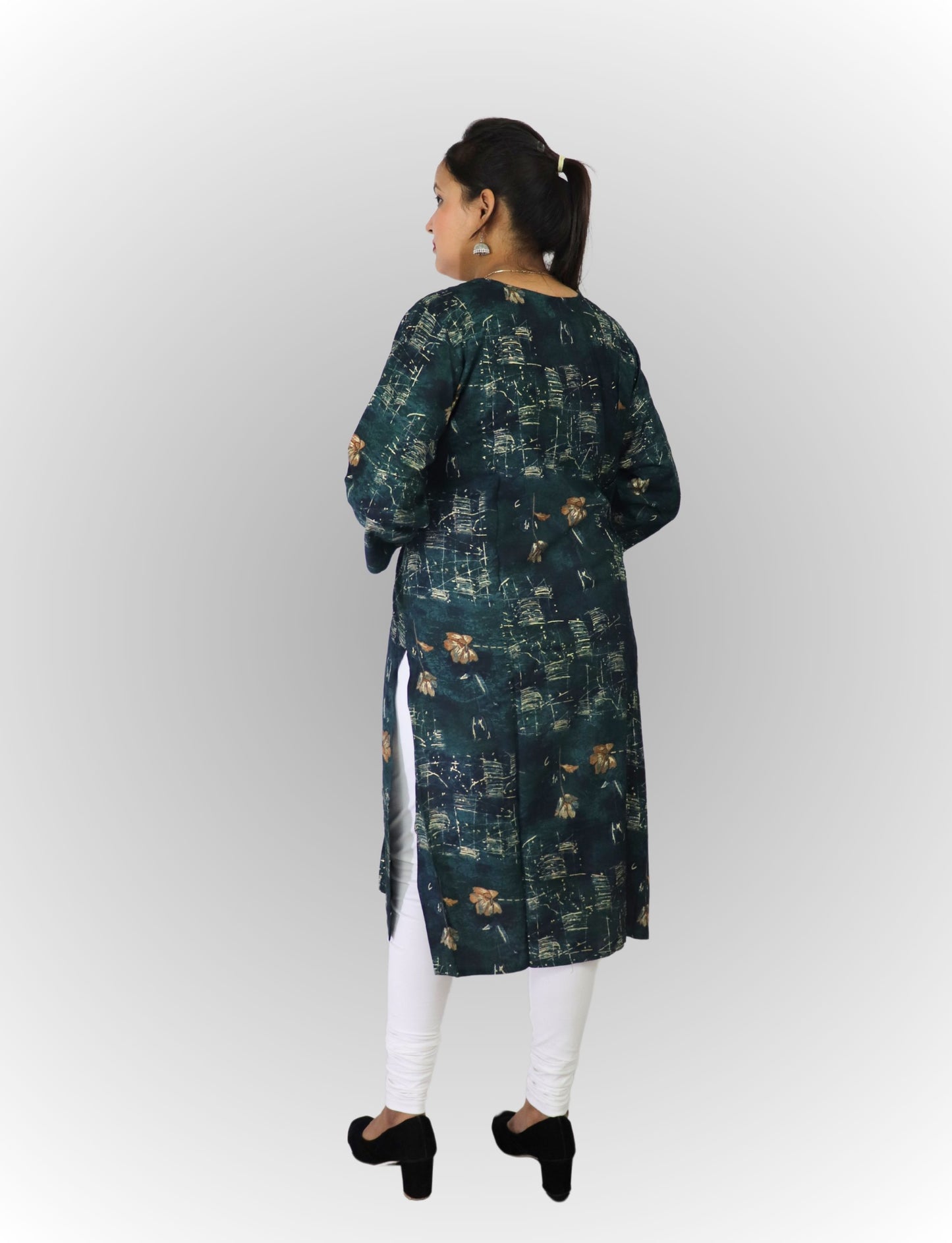 Floral Print Cotton Kurti, Dark Green, 3/4 Sleeve, Button Front, Casual Wear