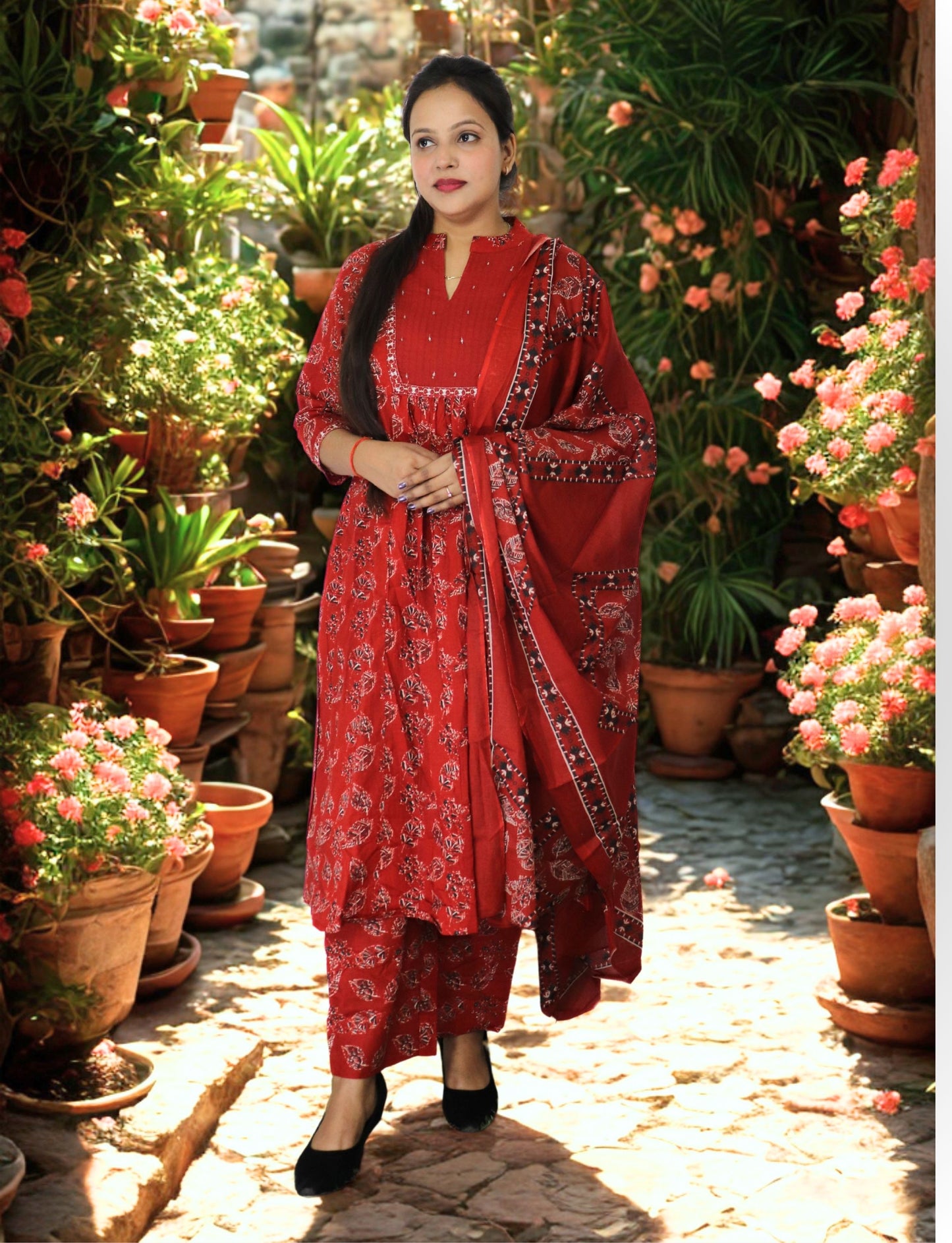 Traditional Red Cotton Salwar Suit Set with Floral Print, 3/4 Sleeves
