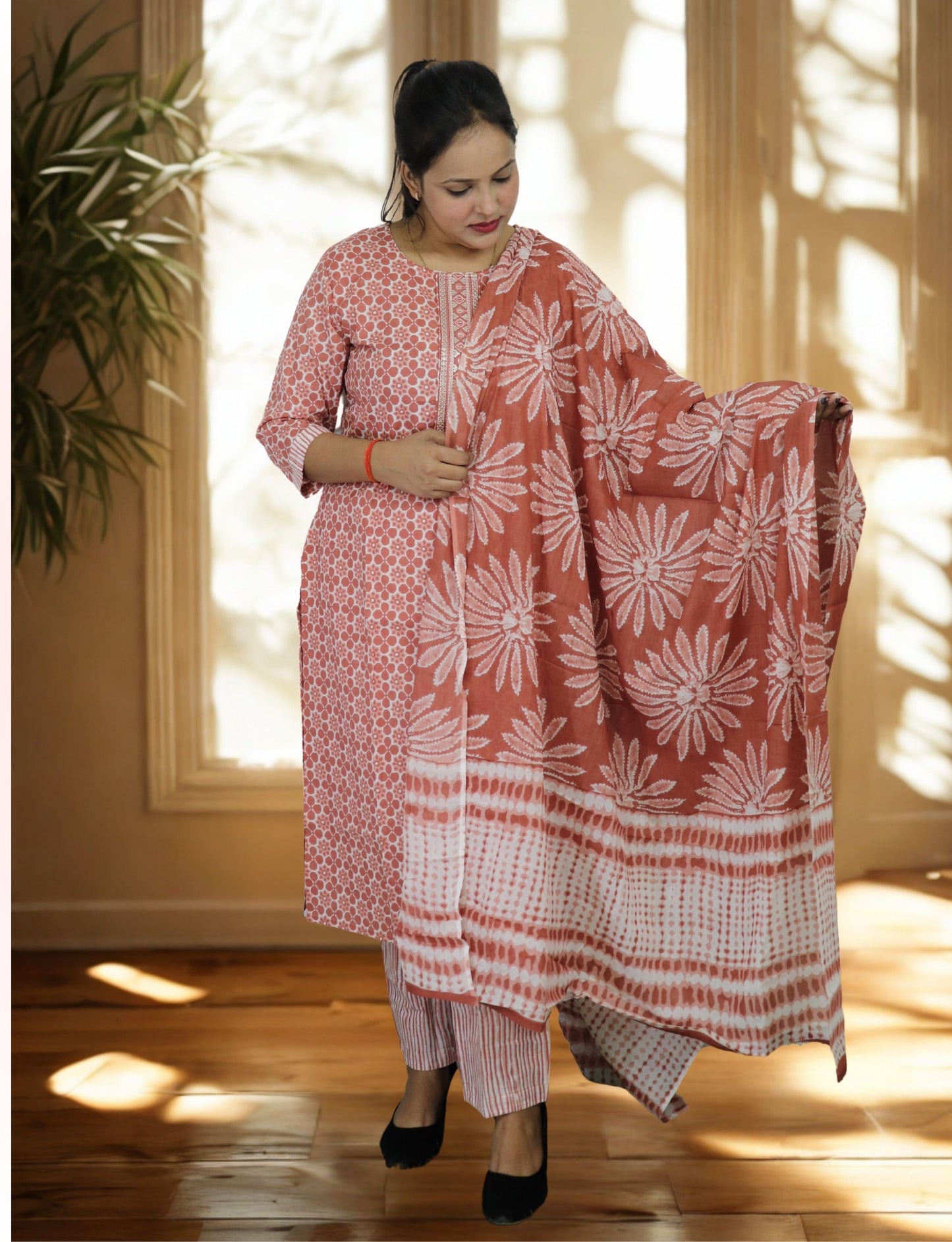 Cotton Printed Salwar Suit Set, Coral Pink Floral Pattern, 3/4 Sleeve Kurta with Salwar and Dupatta