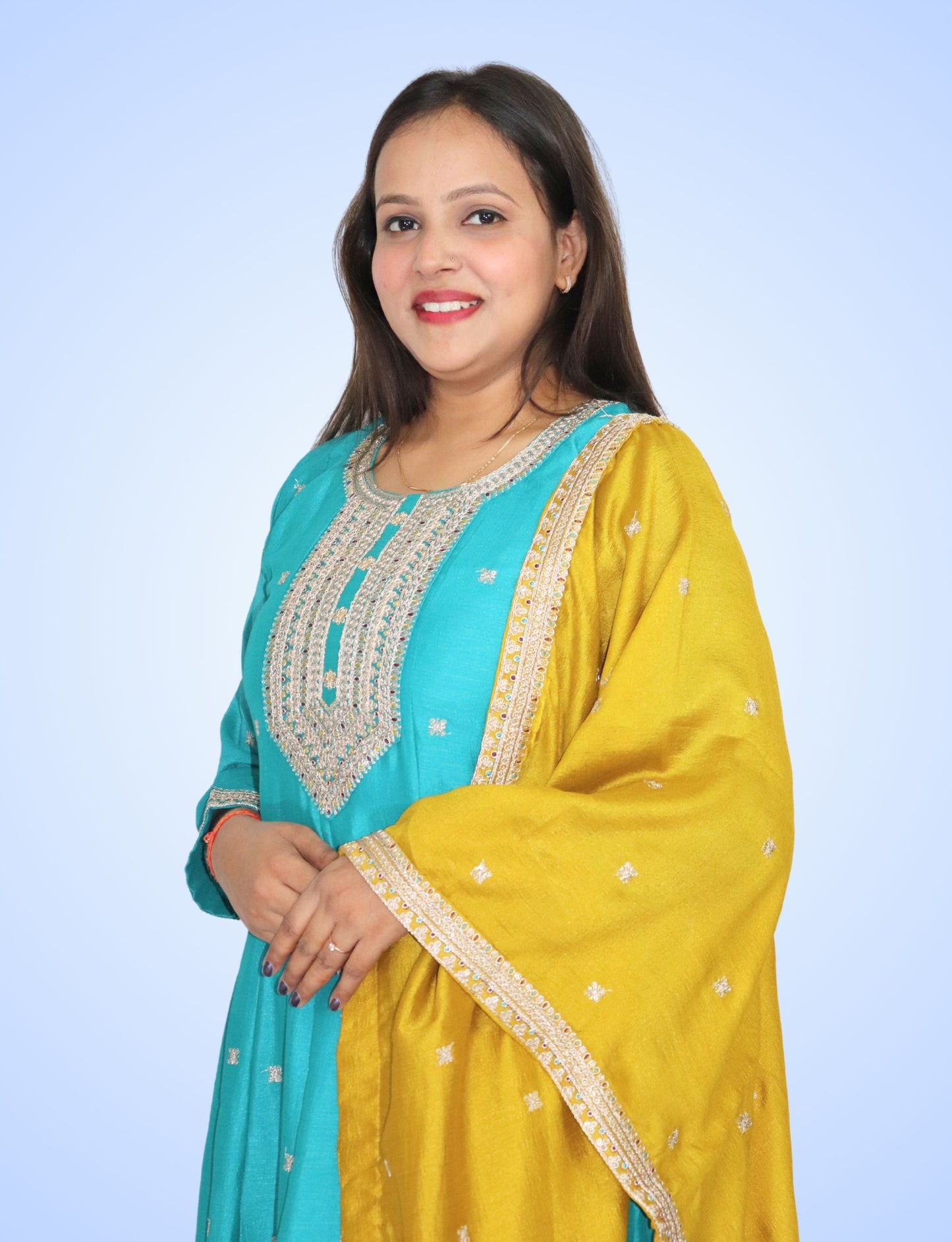 Traditional Turquoise Embroidered Anarkali Suit Set with Yellow Dupatta, 3-Piece Ethnic Wear