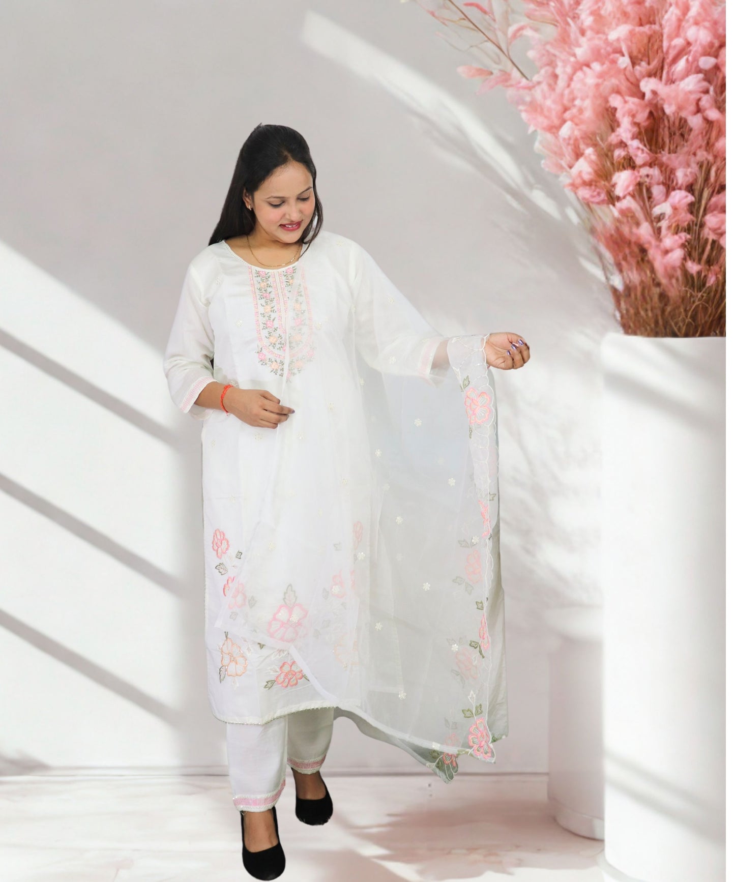 Women's White Cotton Salwar Suit Set with Pink Floral Embroidery, Traditional Indian Kurta with Dupatta