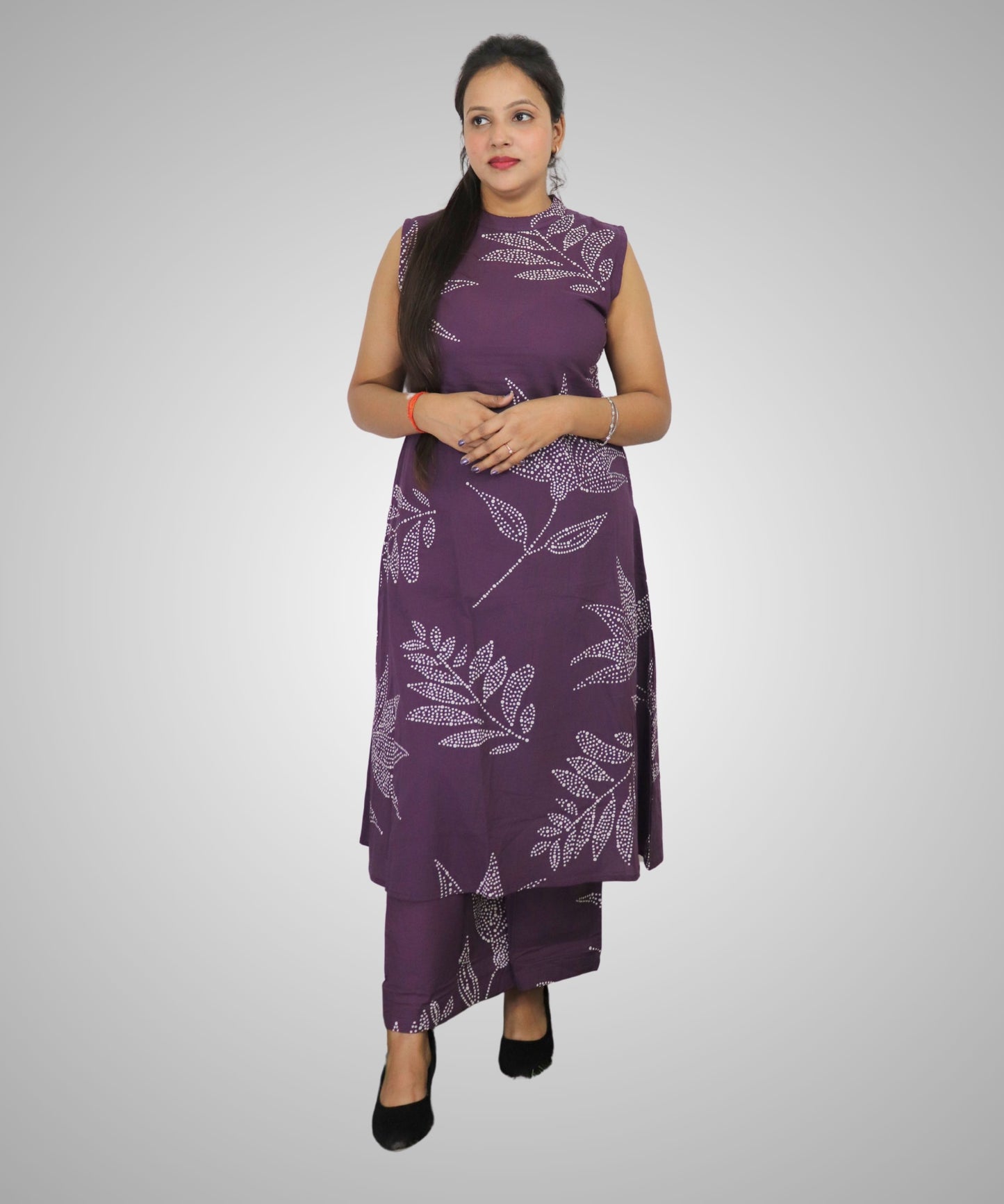 Women's Sleeveless Coordinated outfit, Purple with White Dotted Floral Print