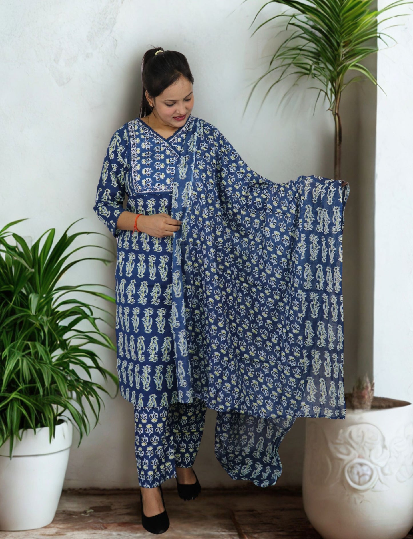 Vedickulture Traditional Cotton Salwar Kameez Set, Blue Block Print, V-Neck, Full Sleeves