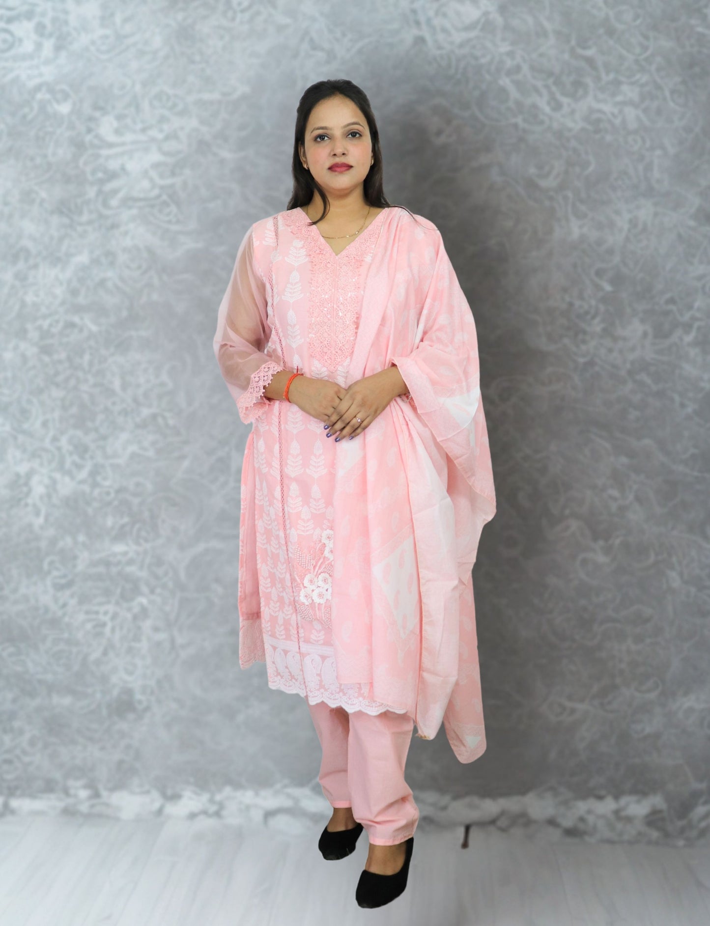 Women's Pink Embroidered Cotton Salwar Suit with Dupatta, Party Wear