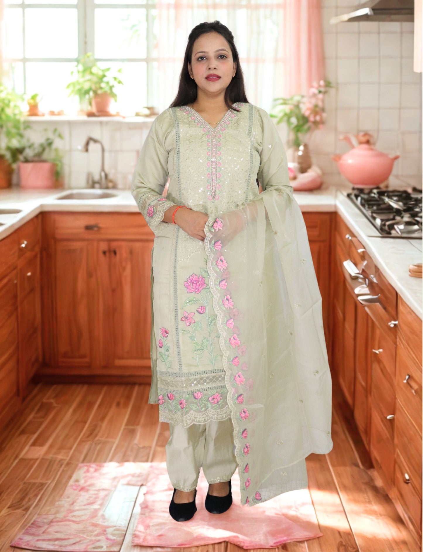 Women's Embroidered Cotton Salwar Suit Set, Light Sage Green with Pink Floral Work, 3 Piece