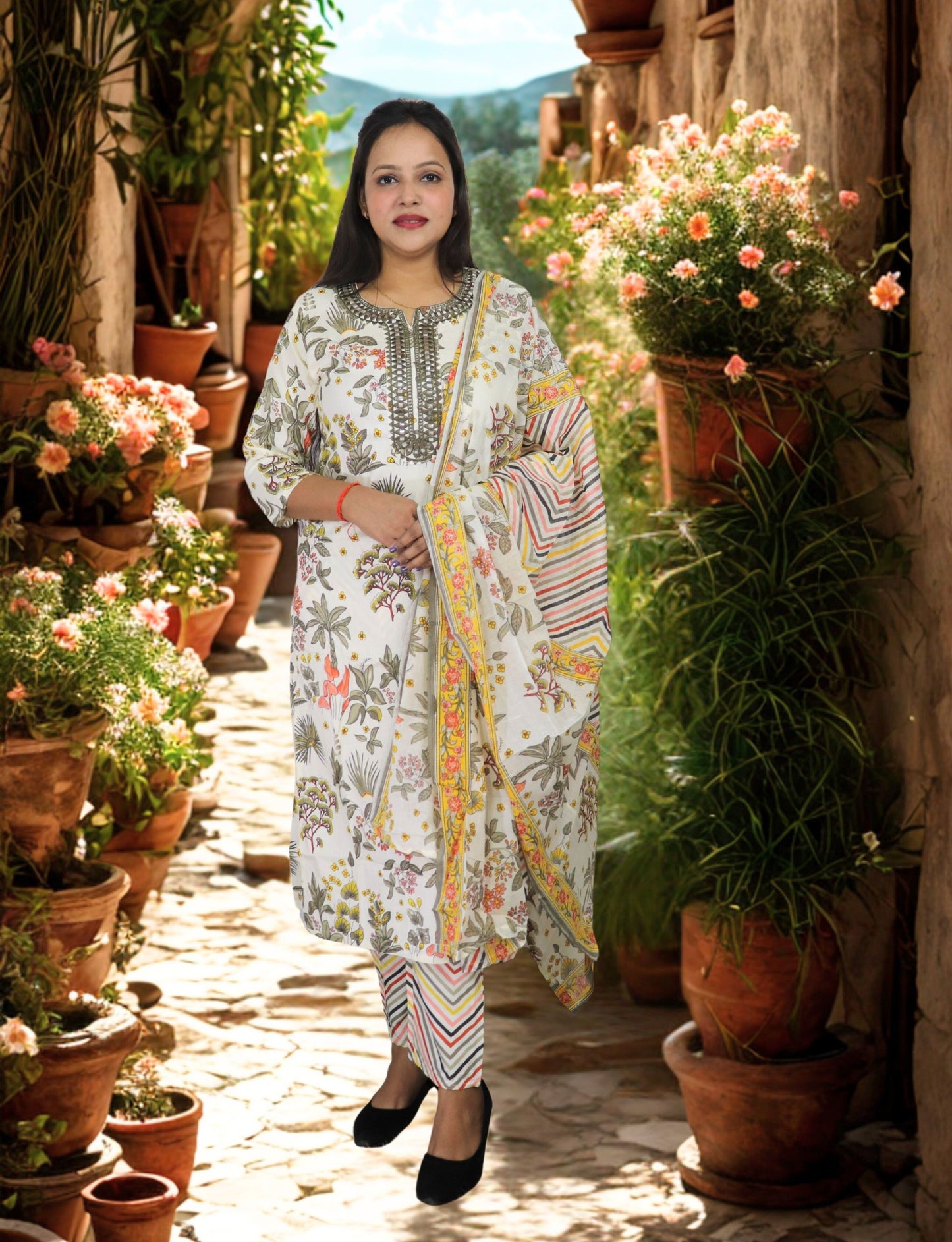 Women's Floral Print Cotton Salwar Suit Set with Embellished Neckline, 3/4 Sleeves, Chevron Dupatta, White and Multicolor