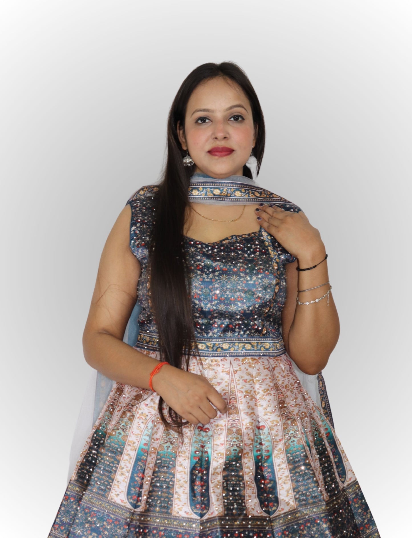 Lehenga Choli Set with Floral Print, Blue and White Embroidered, Net Dupatta