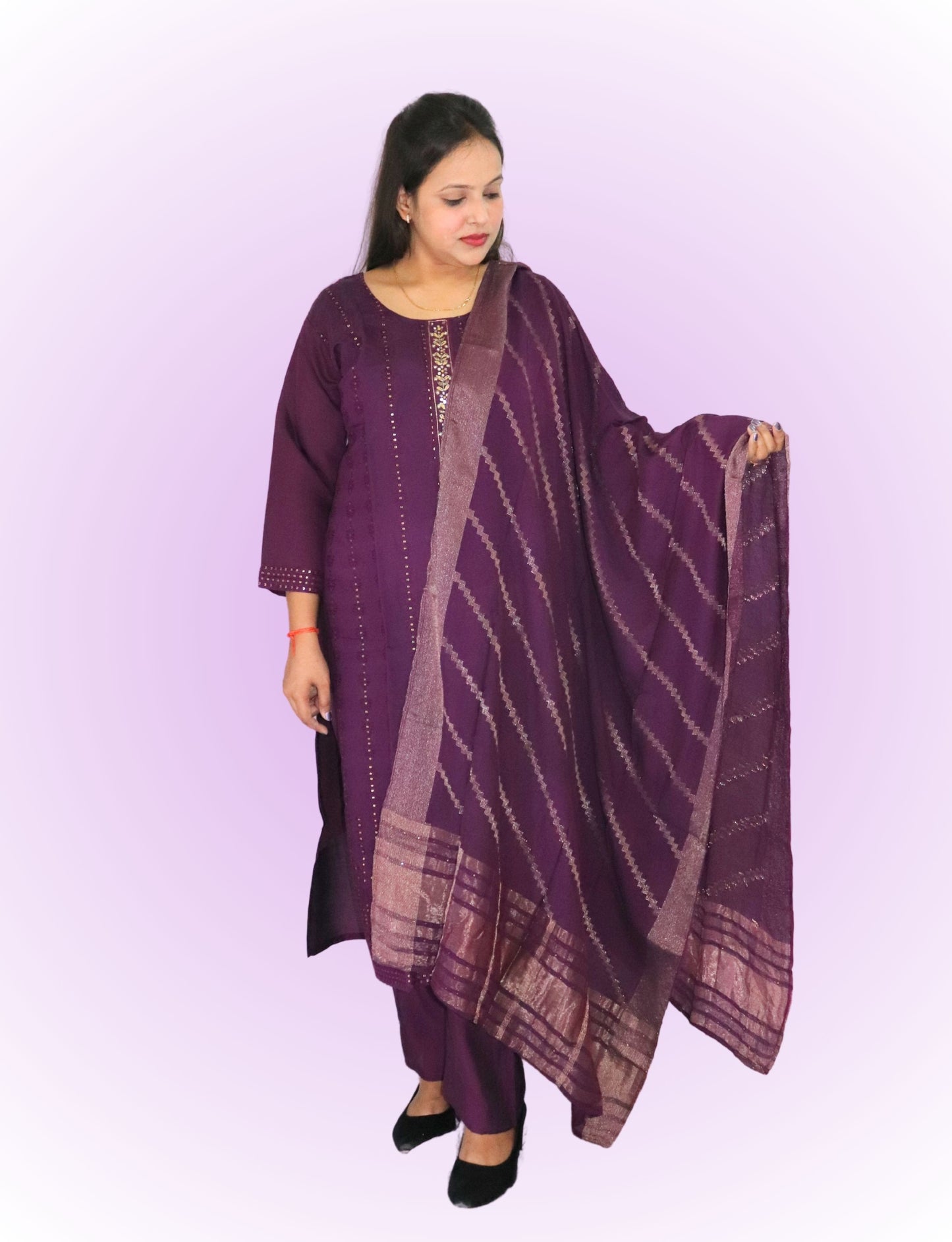 Traditional Purple Cotton Salwar Suit Set with Embroidered Kurta, Salwar and Dupatta