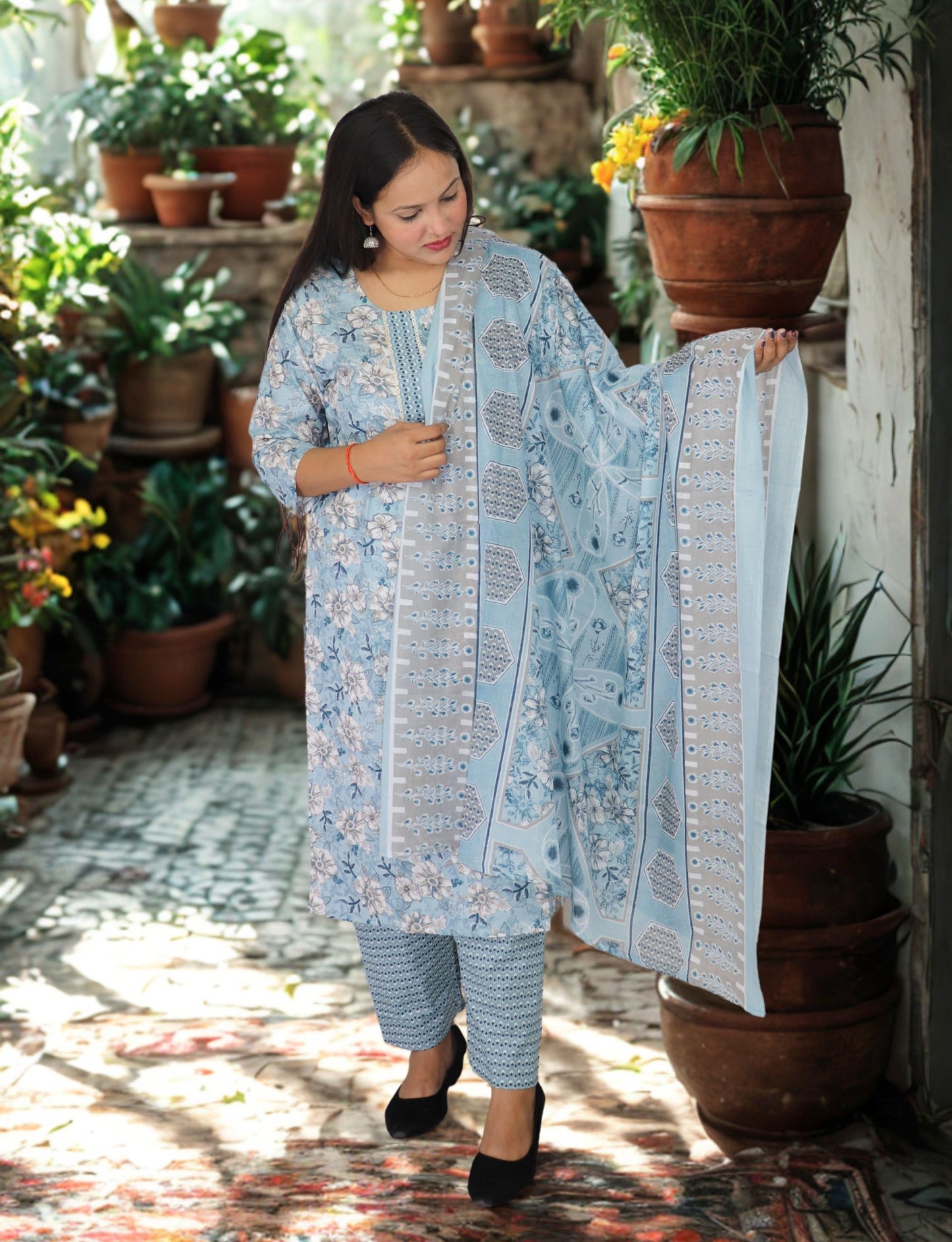 Floral Cotton Salwar Suit Set, Blue with Flowers, Matching Pants, Dupatta