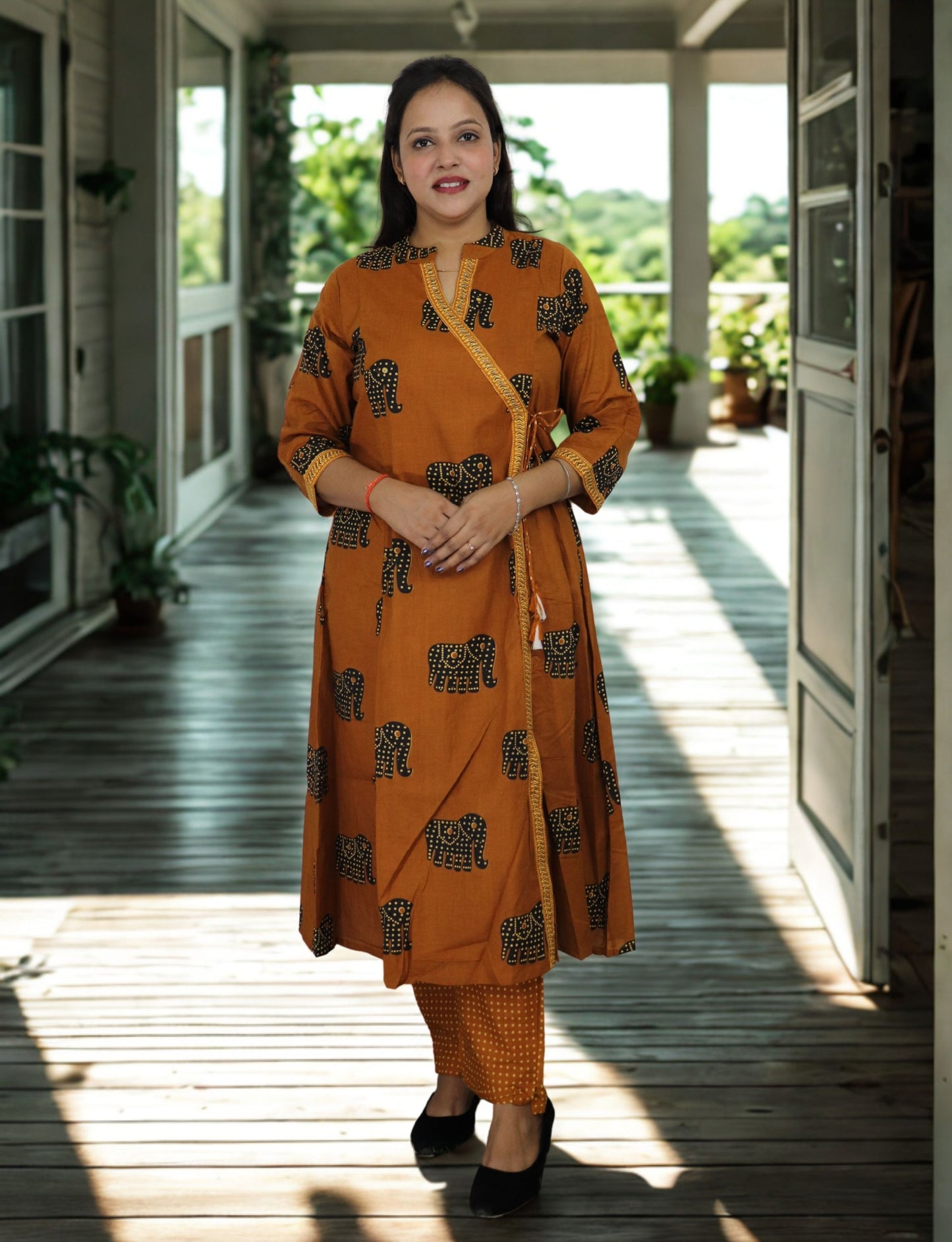Traditional Elephant Print Angrakha Kurta Set with Pants, Cotton, 3/4 Sleeve