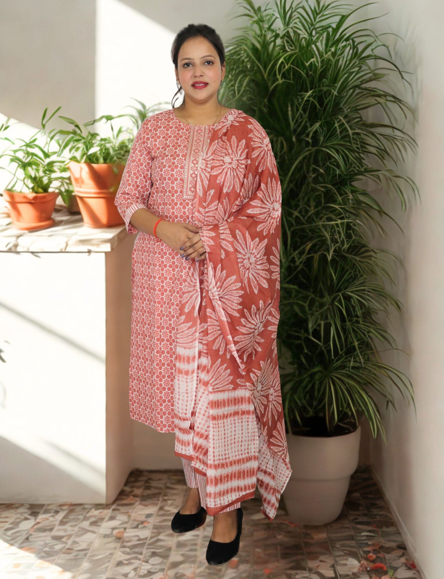 Cotton Printed Salwar Suit Set, Coral Pink Floral Pattern, 3/4 Sleeve Kurta with Salwar and Dupatta