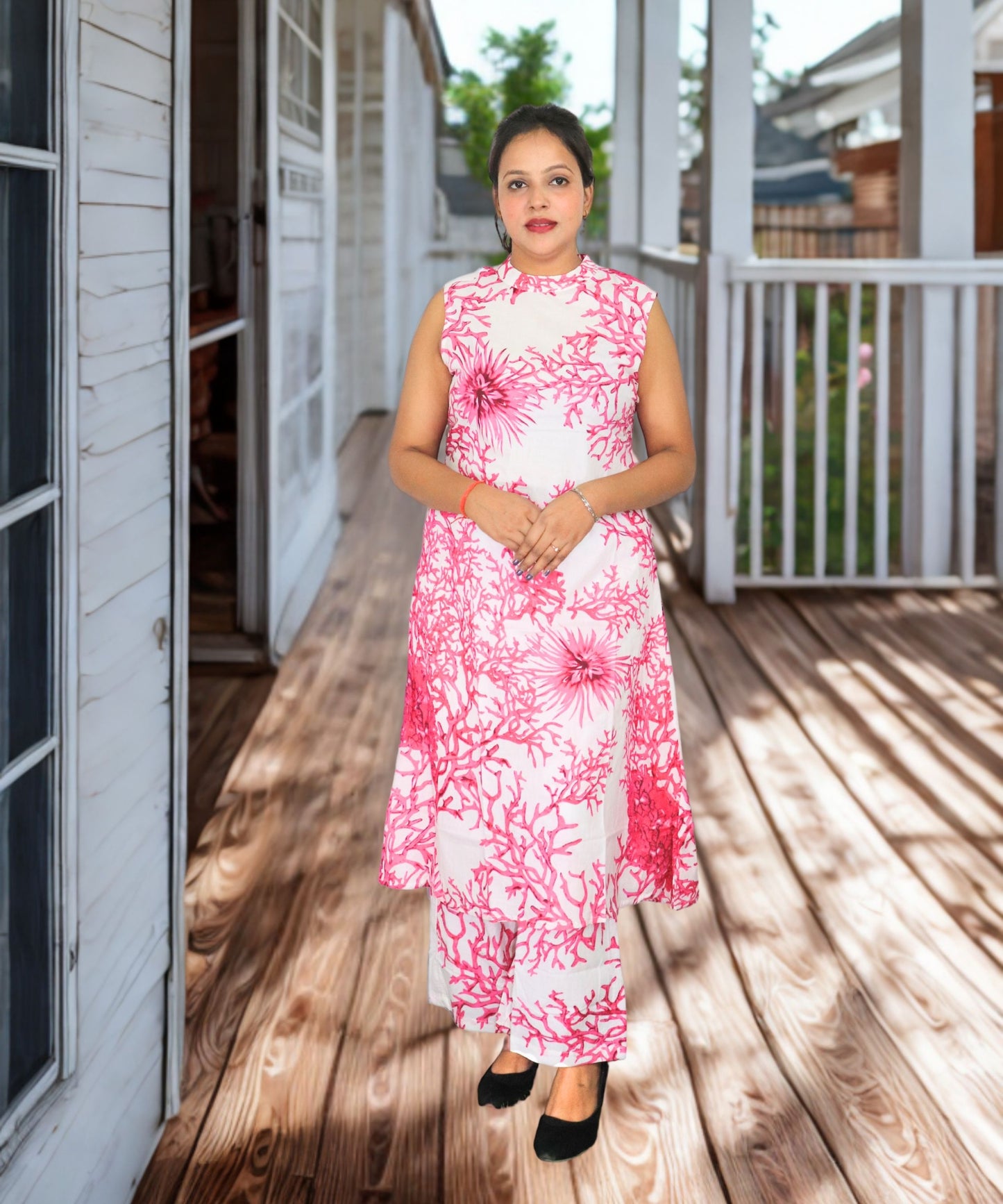 Women's Floral Print Sleeveless Co-ord Set, White and Pink, Coral Pattern