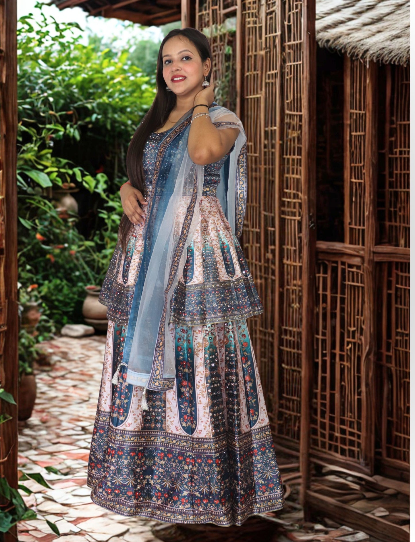 Lehenga Choli Set with Floral Print, Blue and White Embroidered, Net Dupatta