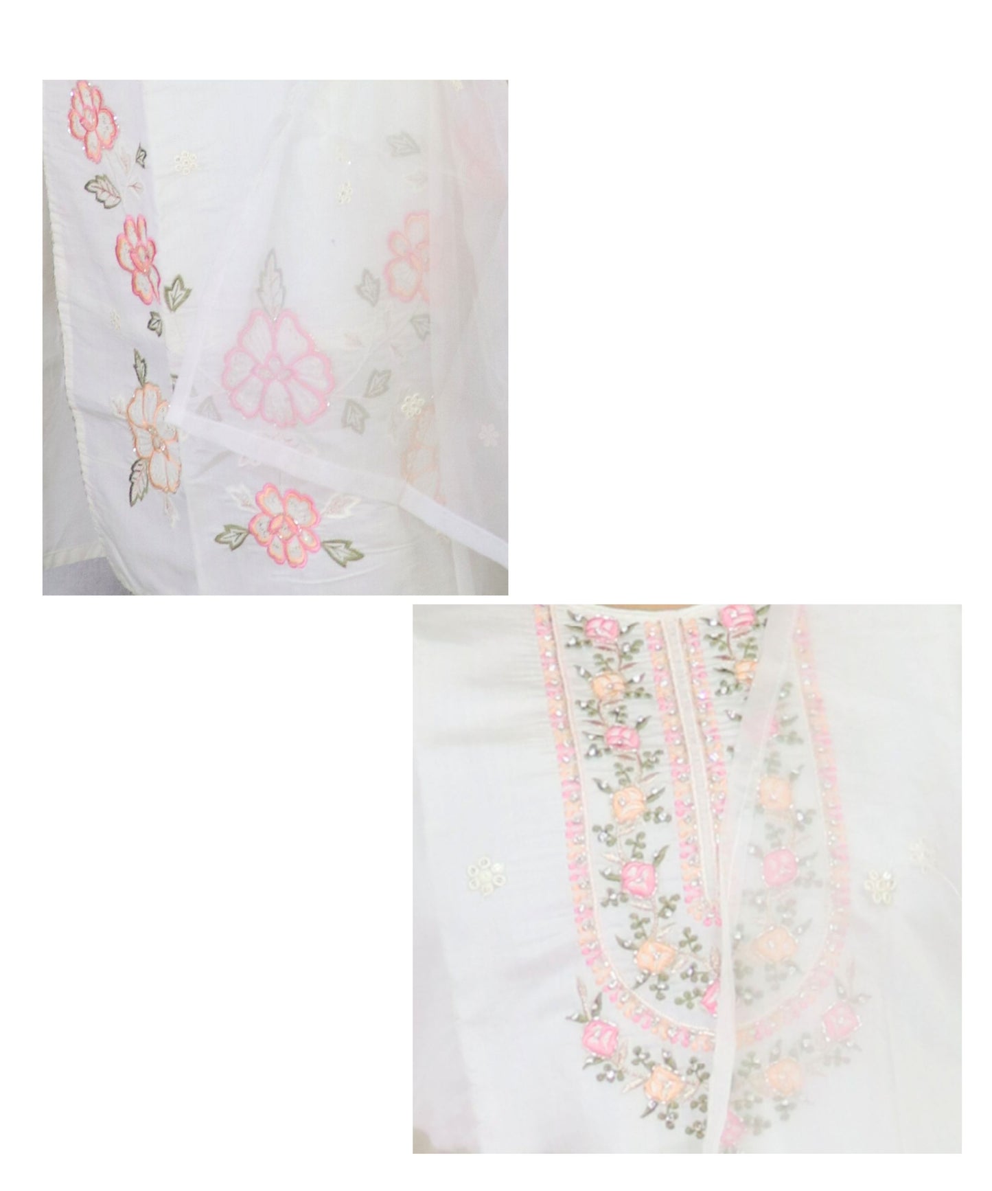 Women's White Cotton Salwar Suit Set with Pink Floral Embroidery, Traditional Indian Kurta with Dupatta