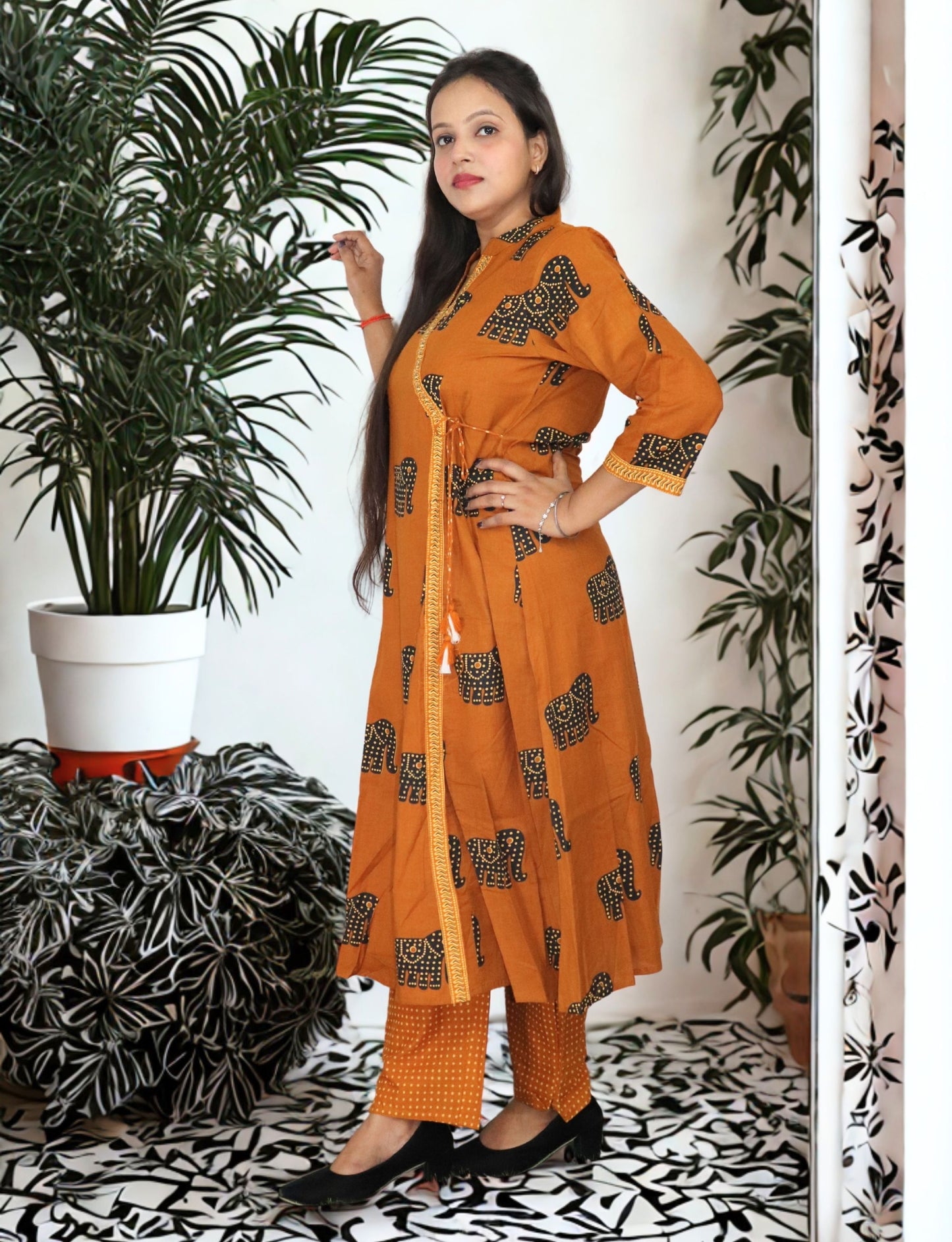 Traditional Elephant Print Angrakha Kurta Set with Pants, Cotton, 3/4 Sleeve