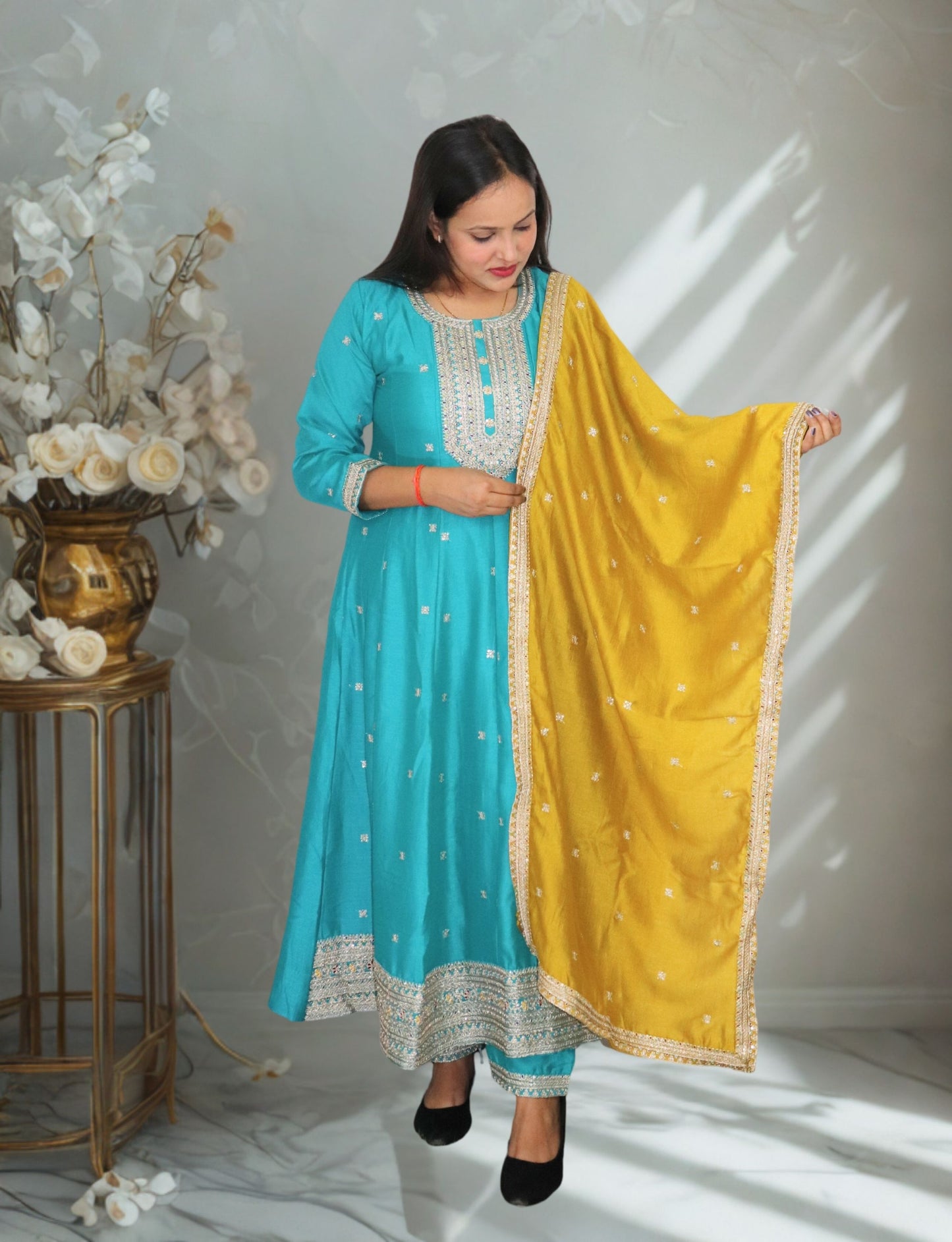 Traditional Turquoise Embroidered Anarkali Suit Set with Yellow Dupatta, 3-Piece Ethnic Wear