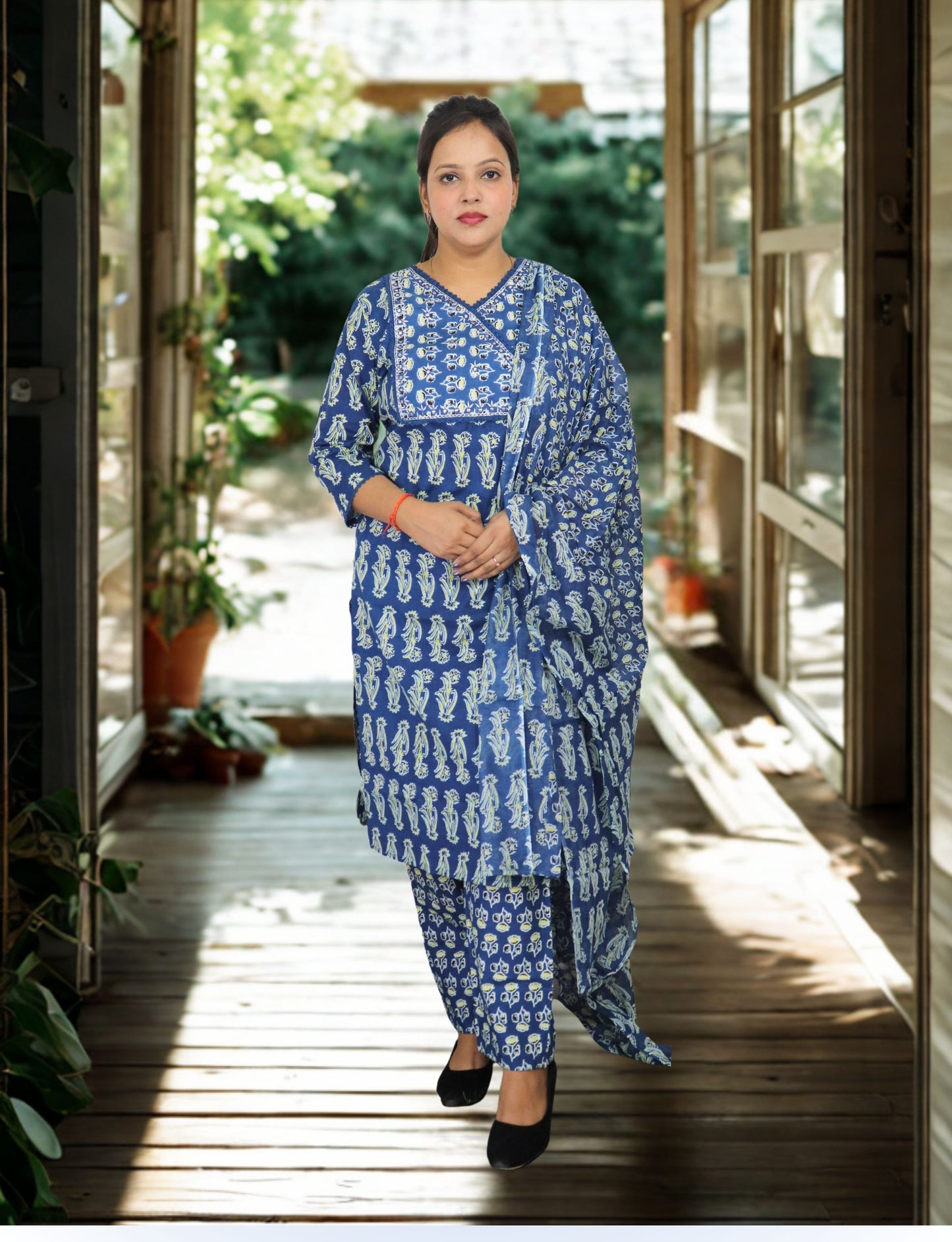 Vedickulture Traditional Cotton Salwar Kameez Set, Blue Block Print, V-Neck, Full Sleeves