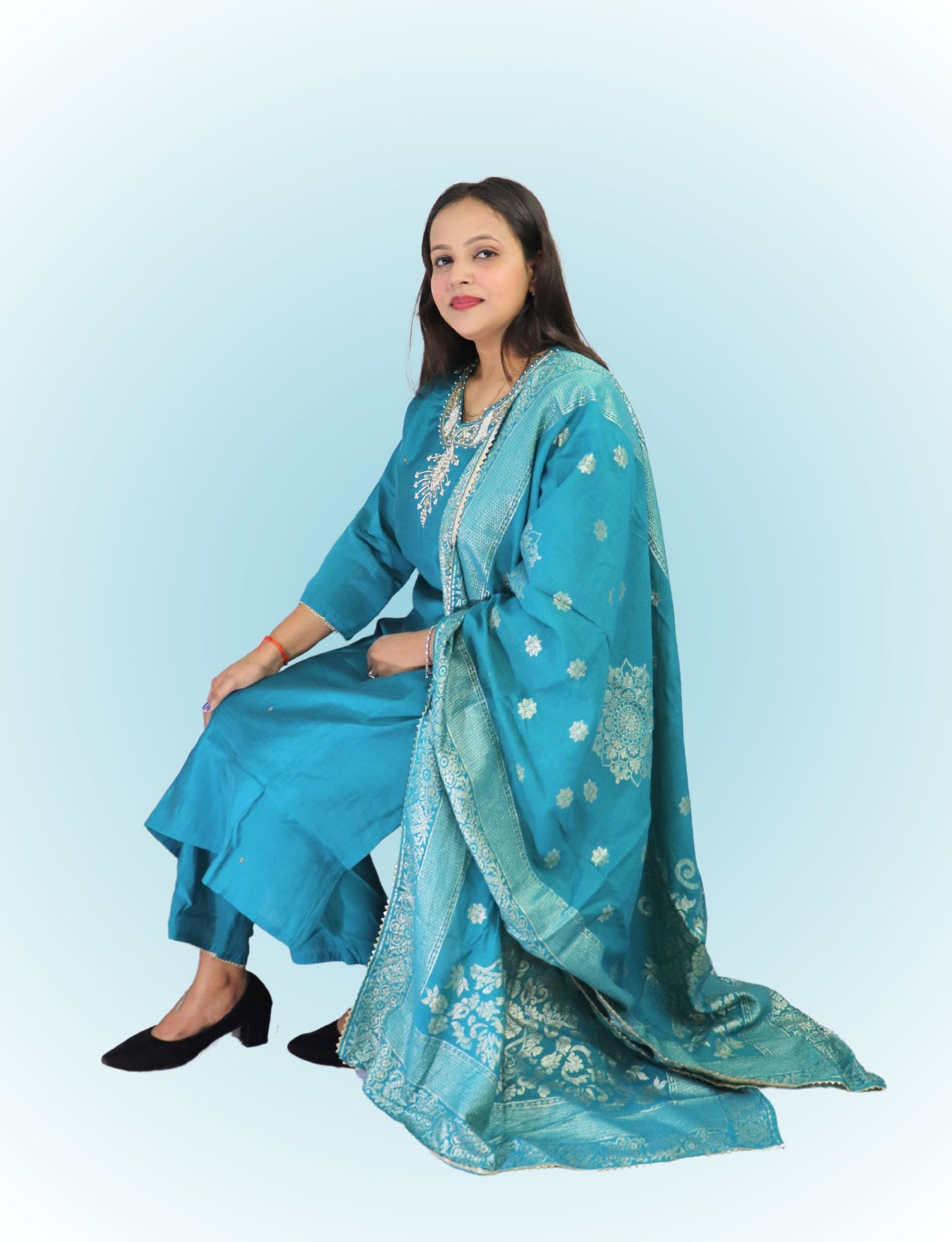 Traditional Turquoise Cotton blend with silk Salwar Suit with Embroidered Dupatta, Full Length