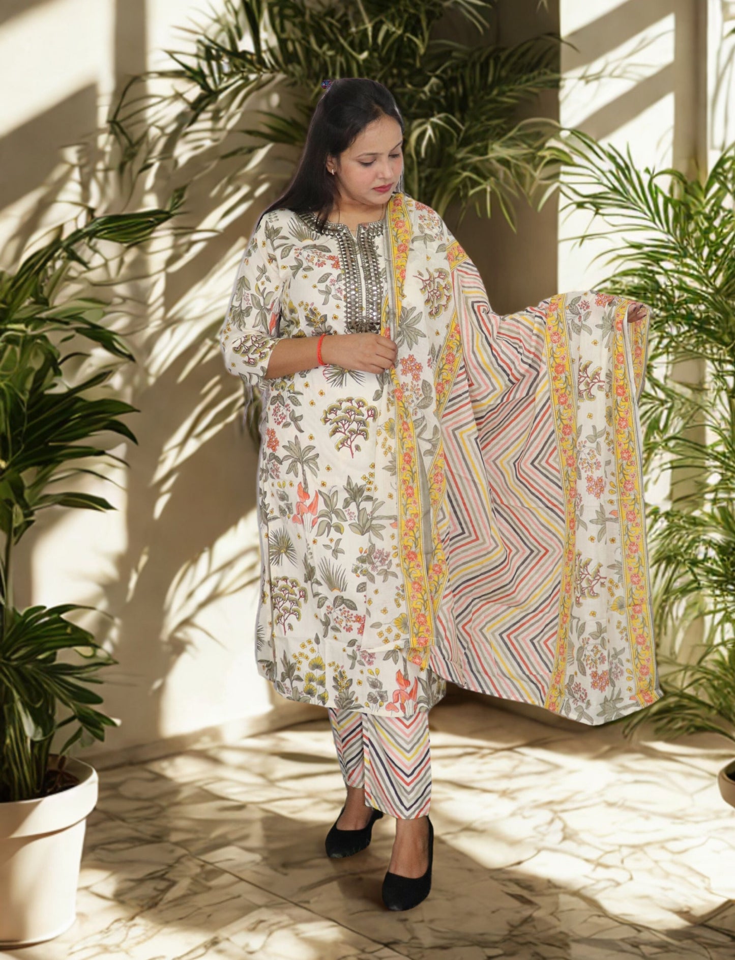 Women's Floral Print Cotton Salwar Suit Set with Embellished Neckline, 3/4 Sleeves, Chevron Dupatta, White and Multicolor