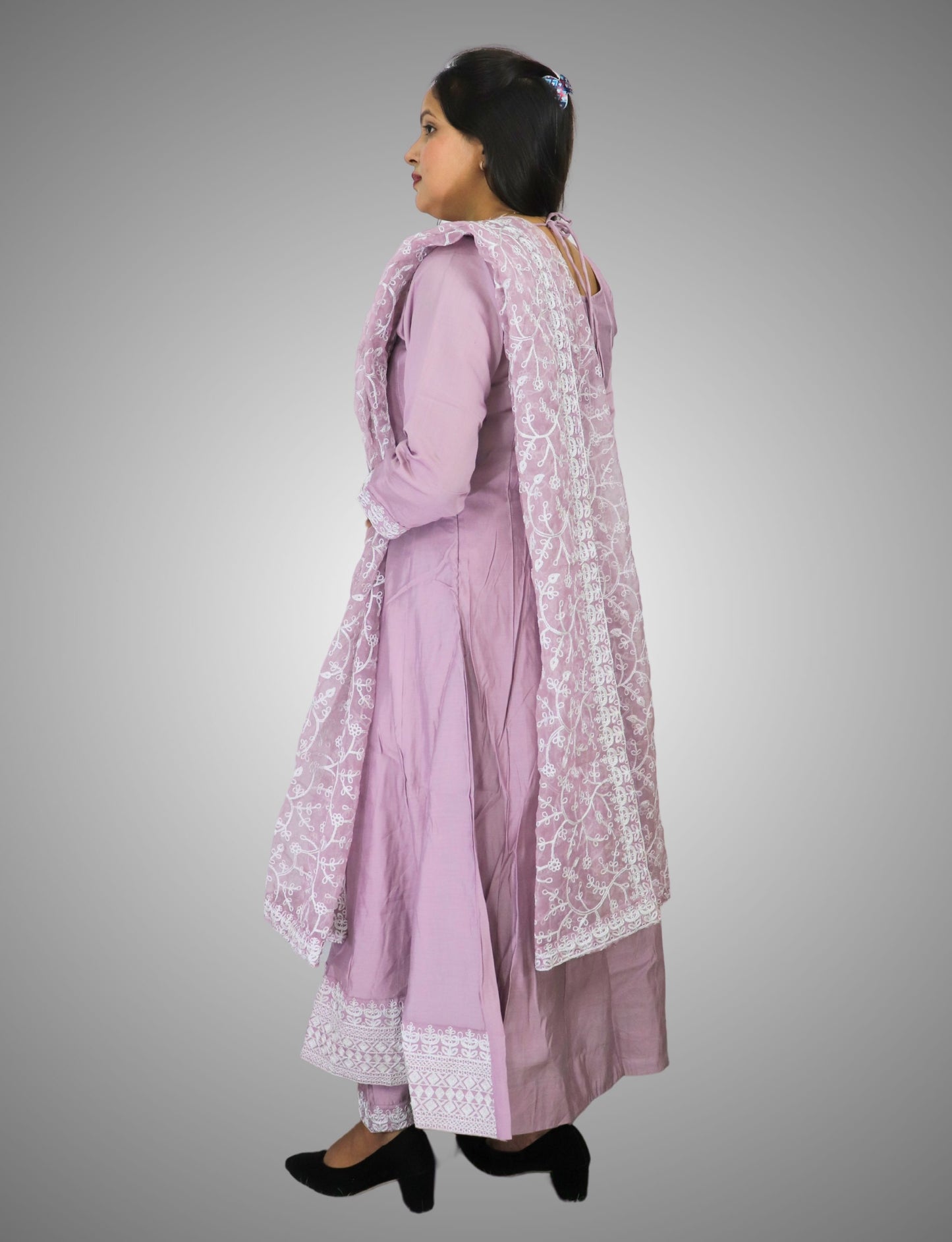 Traditional Embroidered Cotton Anarkali Suit Set, Lilac Purple with White Thread Work, 3 Piece