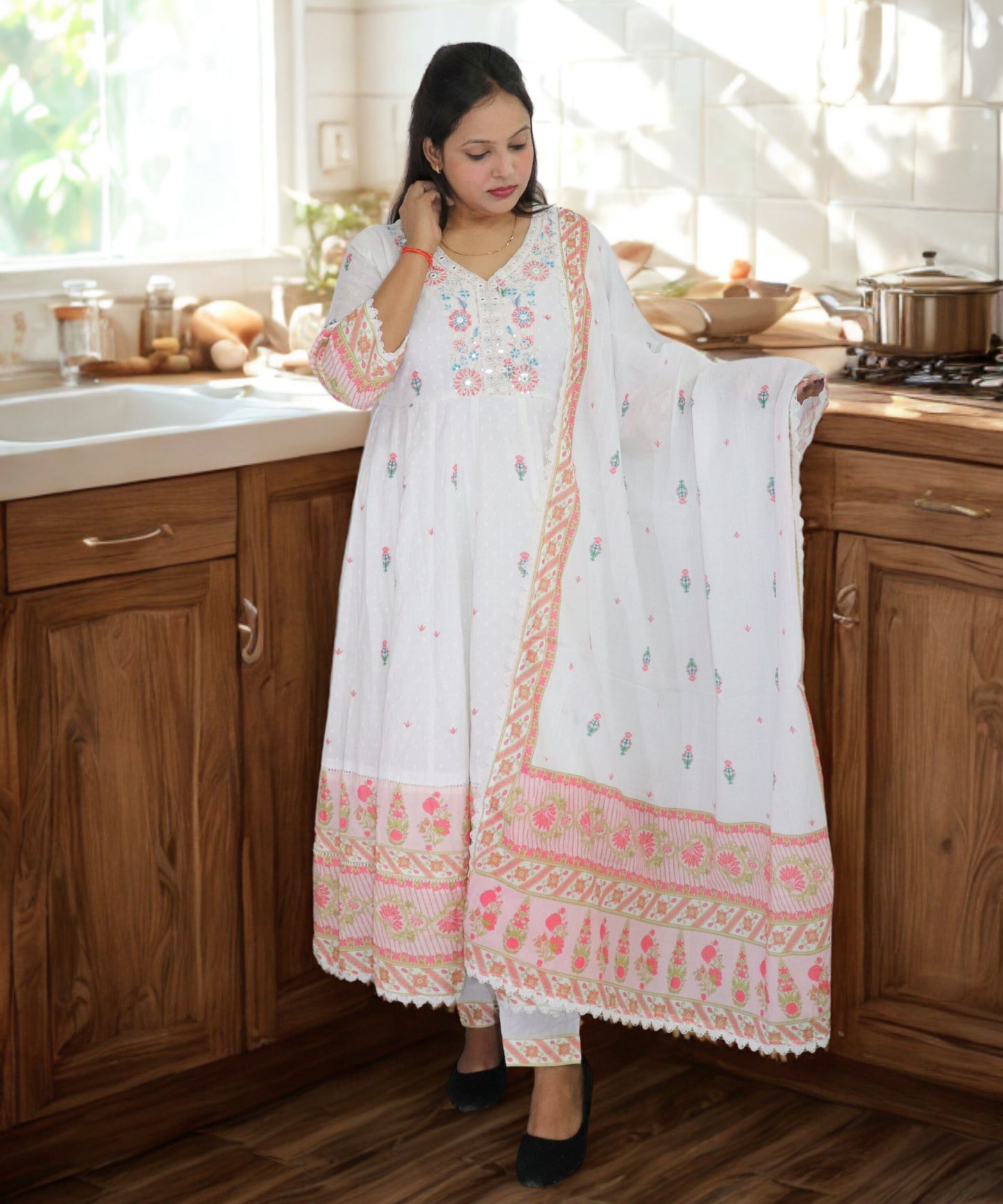 Vedickulture White Cotton Anarkali Suit with Floral Embroidery for Women, Evening wear, 3/4 Sleeves, Dupatta and Pants Set