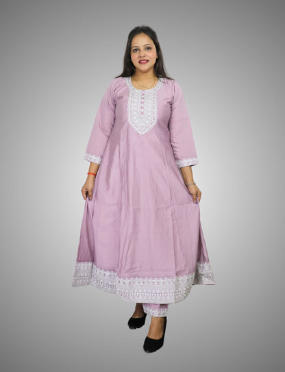 Traditional Embroidered Cotton Anarkali Suit Set, Lilac Purple with White Thread Work, 3 Piece
