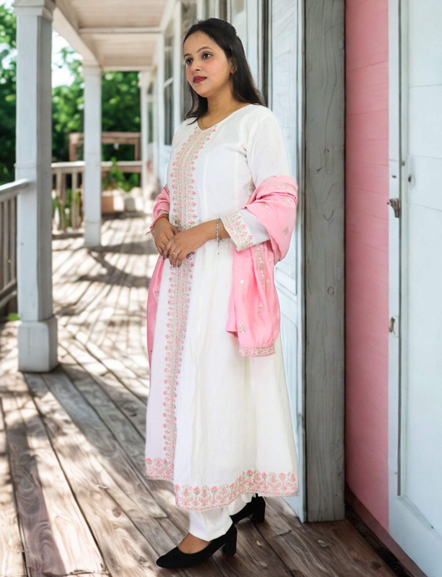 Women's White Cotton Anarkali Suit with Pink Embroidered Details, Matching Dupatta, Long Sleeves