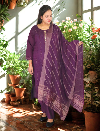 Traditional Purple Cotton Salwar Suit Set with Embroidered Kurta, Salwar and Dupatta