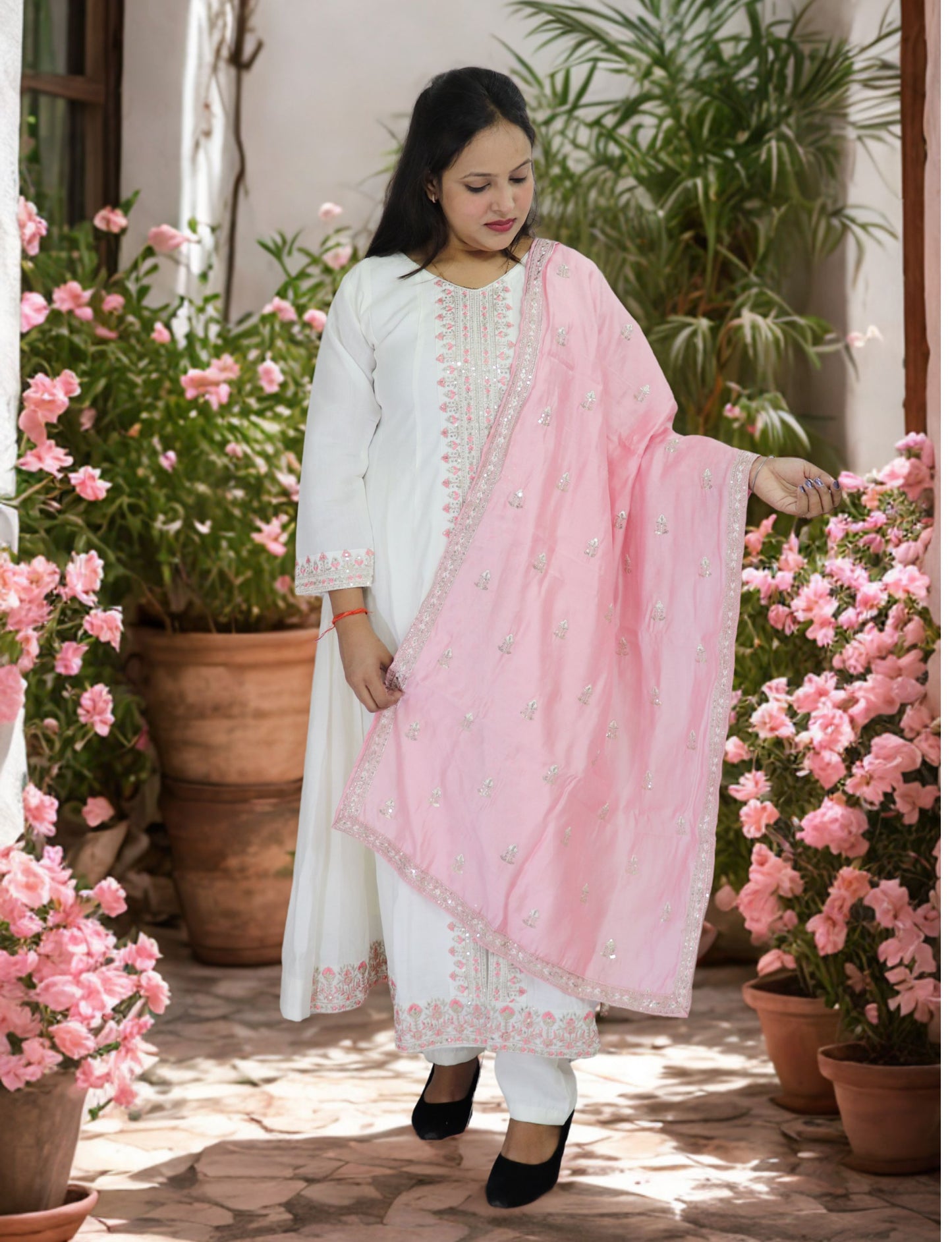 Women's White Cotton Anarkali Suit with Pink Embroidered Details, Matching Dupatta, Long Sleeves